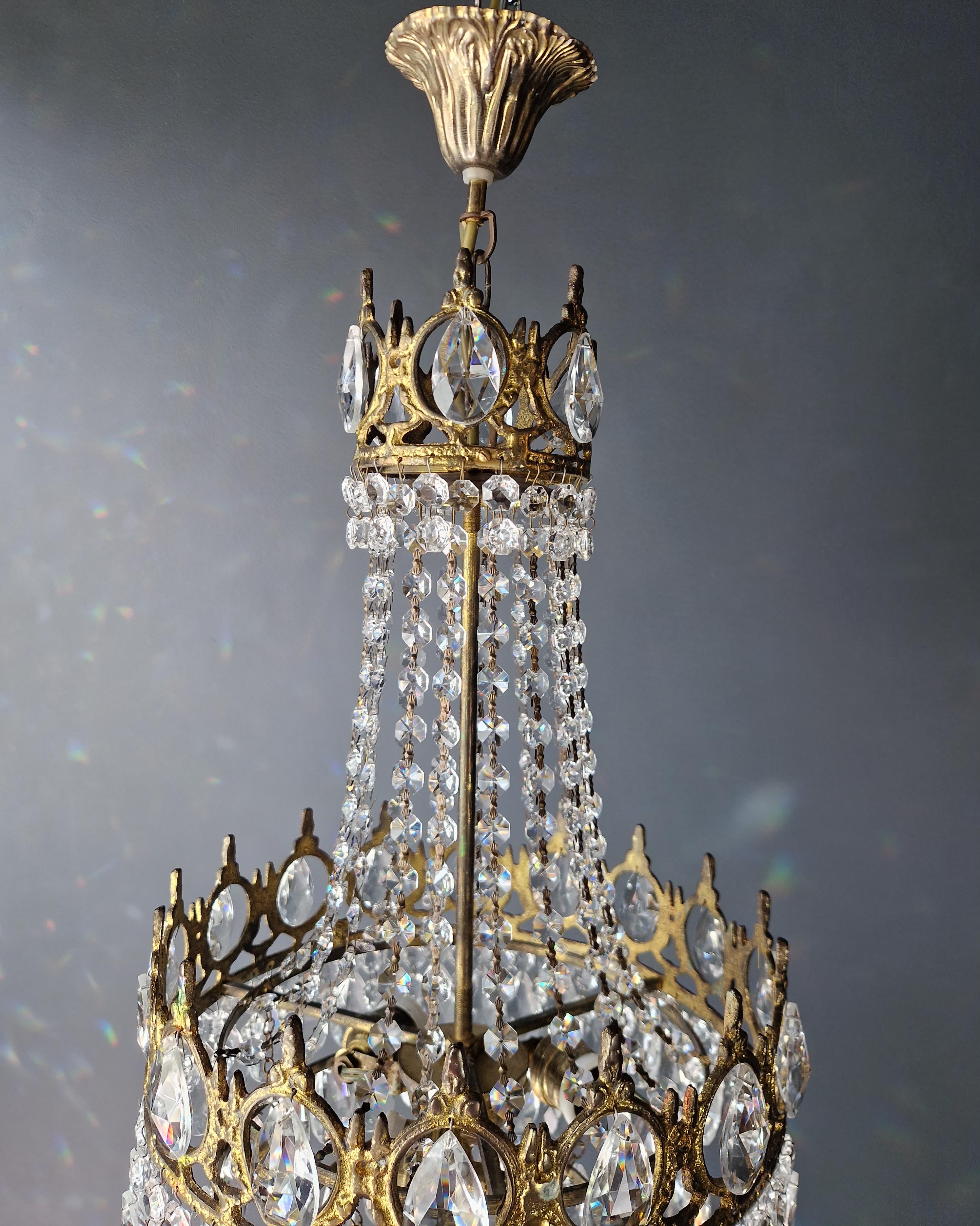 Late 20th Century Basket Chandelier Brass Empire Crystal Lustre Ceiling Antique Art Nouveau Gold For Sale
