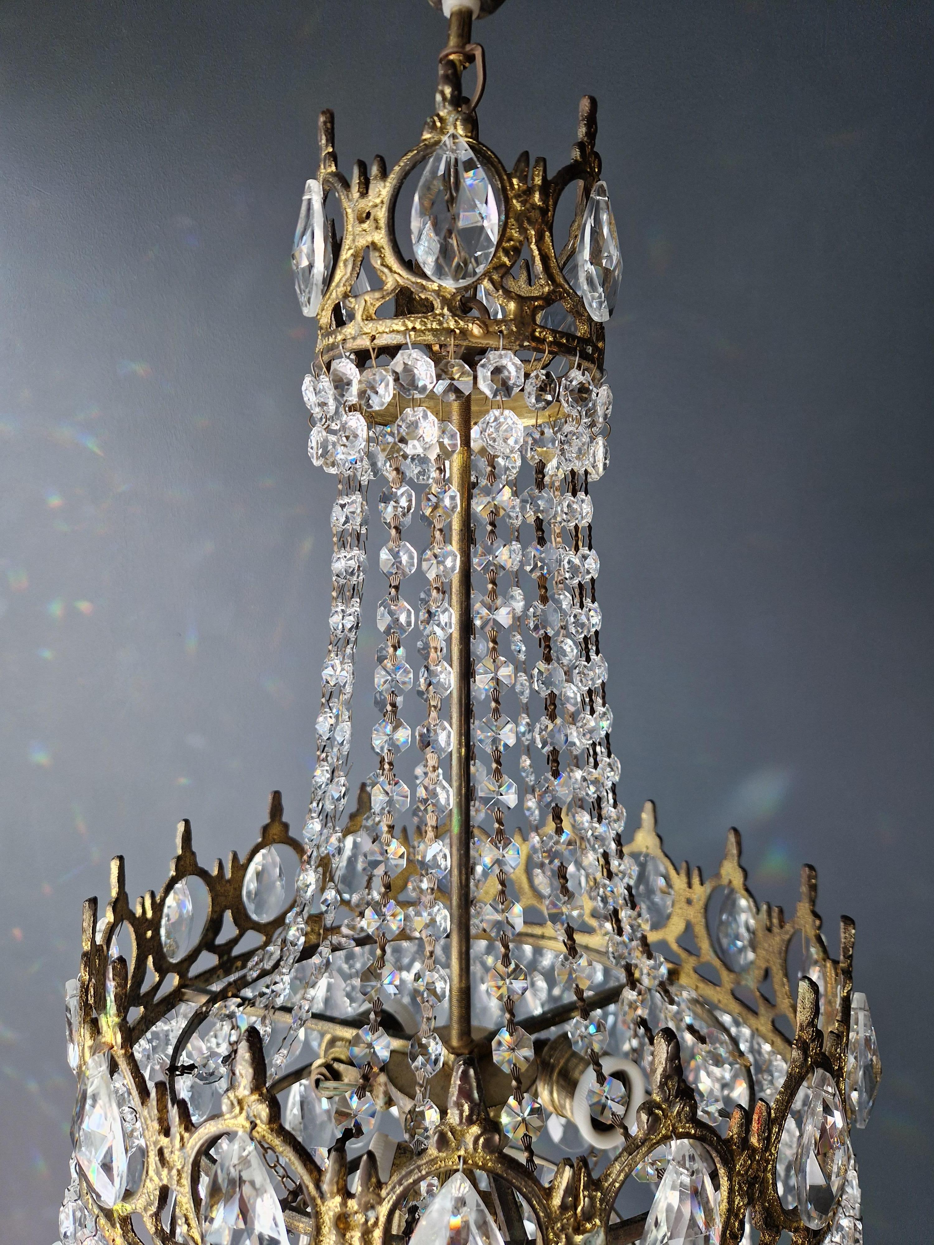 Basket Chandelier Brass Empire Crystal Lustre Ceiling Antique Art Nouveau Gold For Sale 1