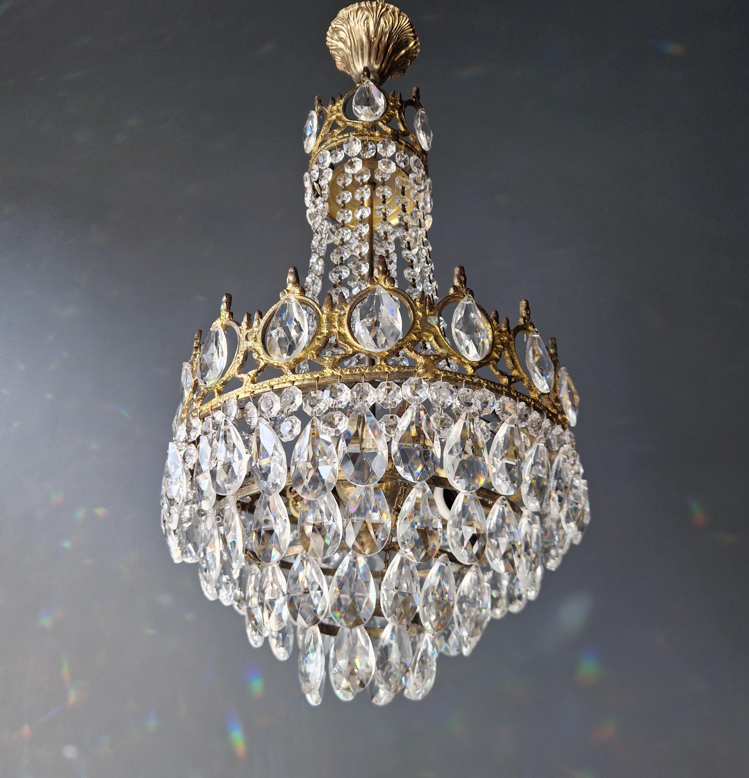 Korb Kronleuchter Messing Empire Kristall Lüster Decke Antike Jugendstil Gold (Ende des 20. Jahrhunderts) im Angebot