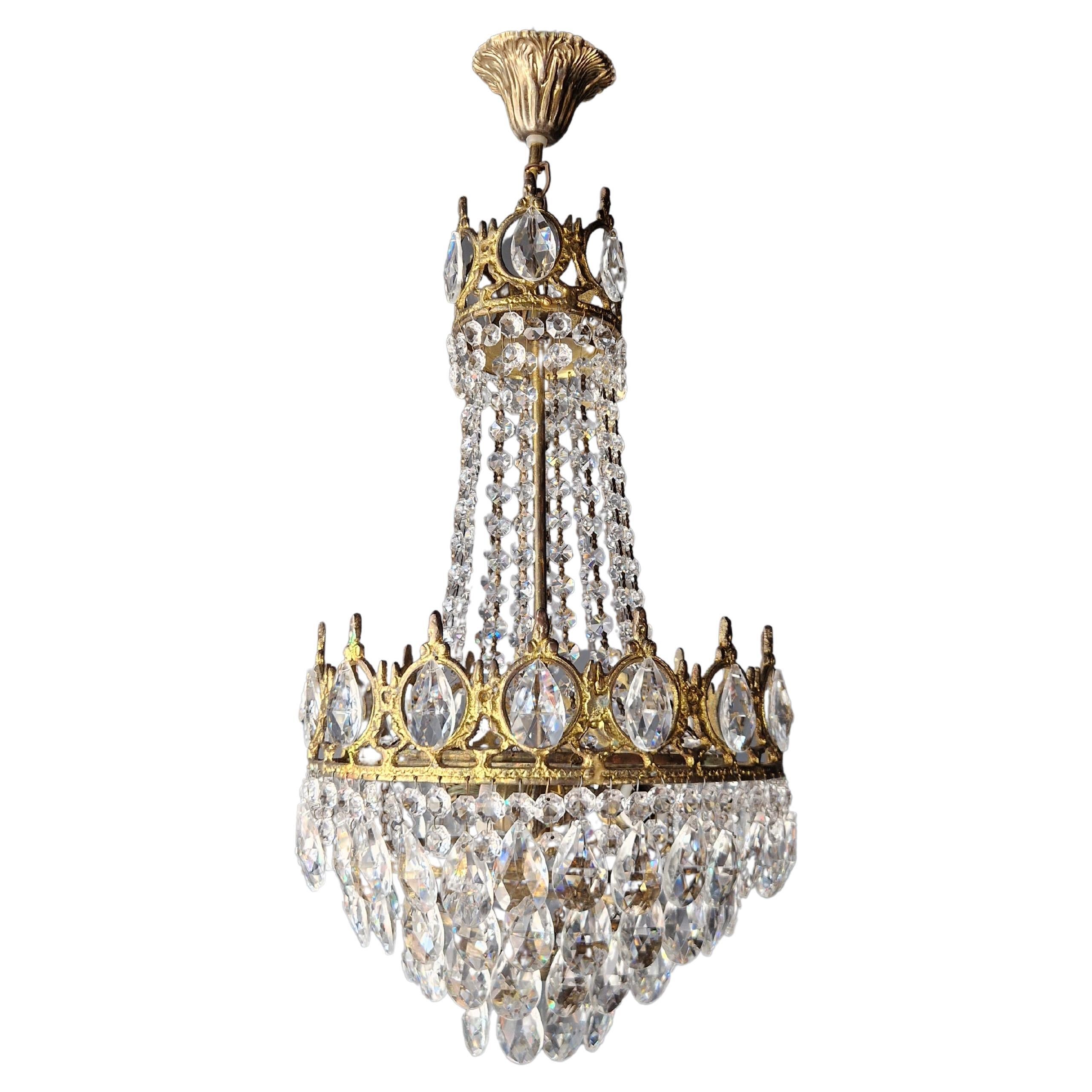 Plafonnier panier Empire en laiton et cristal lustré antique Art Nouveau