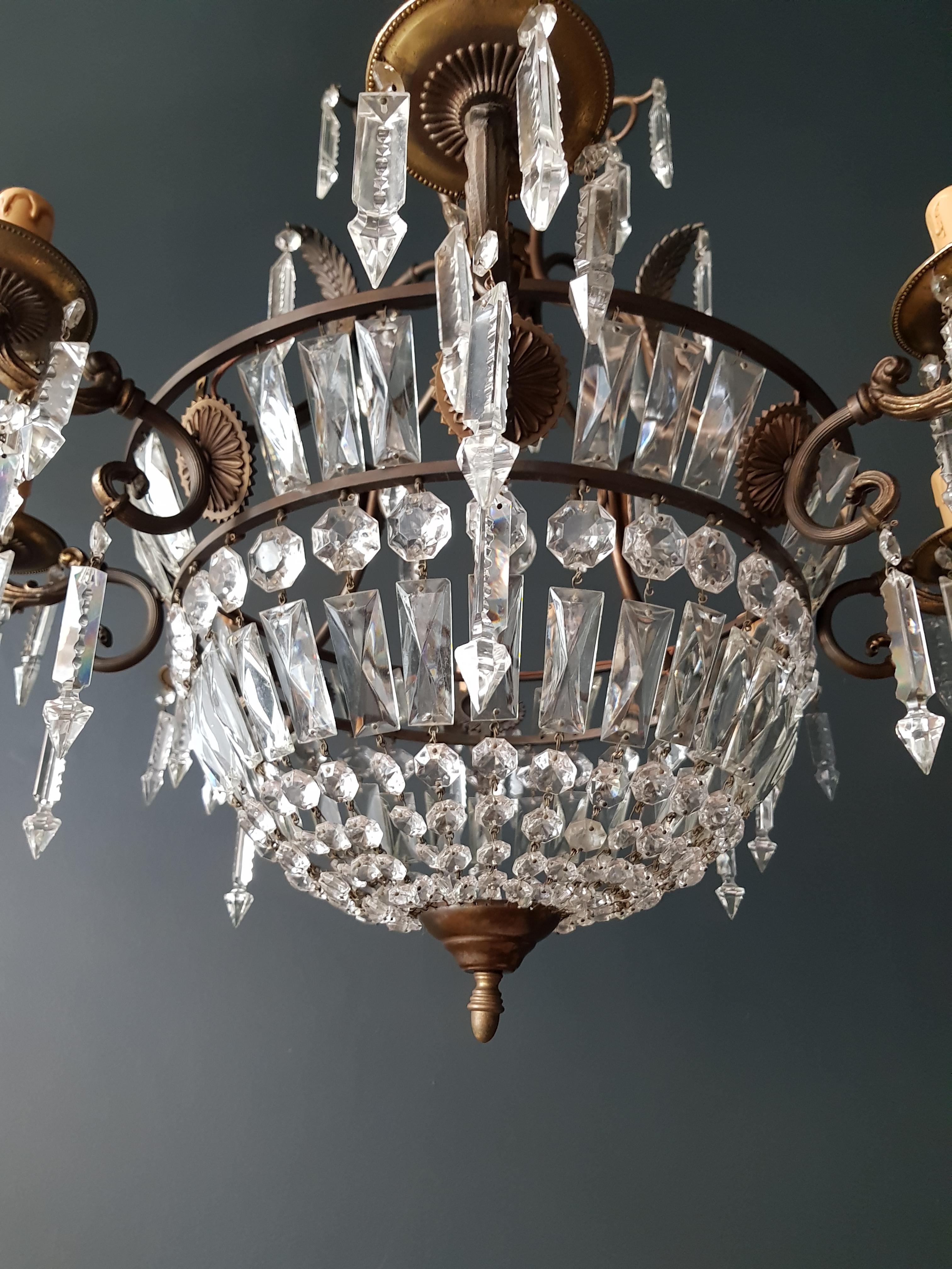 European Basket Chandelier Brass Empire Crystal Lustre Ceiling Lamp Antique Art Nouveau