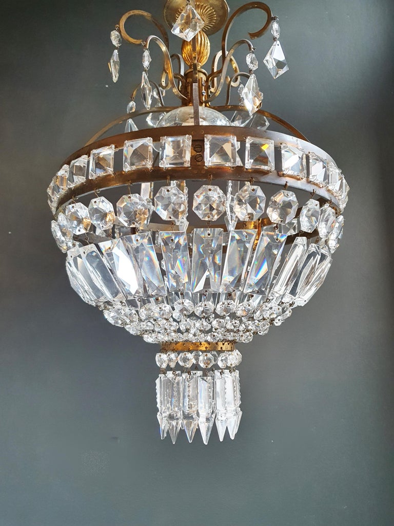 Art Nouveau Basket Chandelier Brass Empire Crystal Ceiling Antique small Bronze For Sale