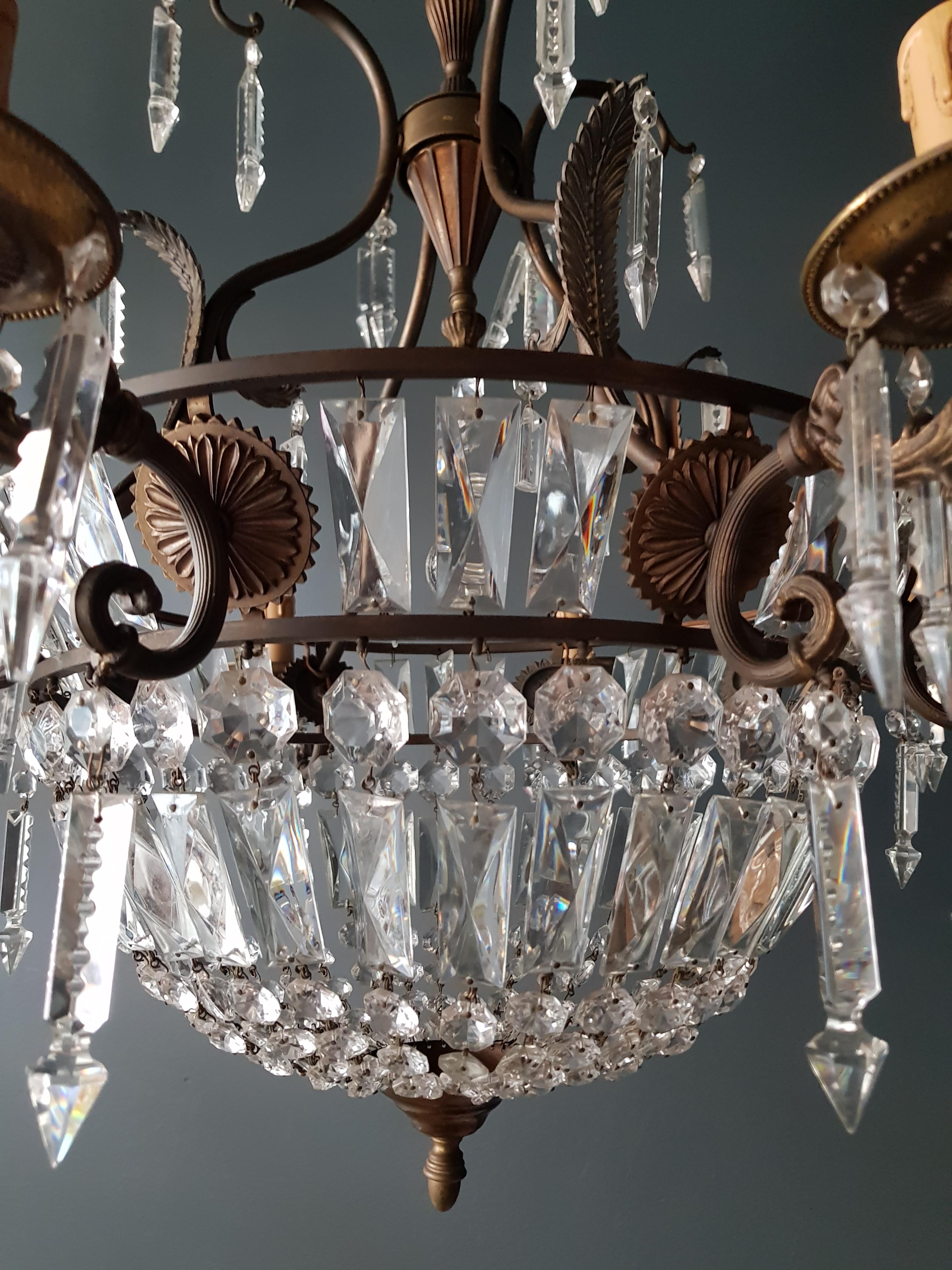 Hand-Knotted Basket Chandelier Brass Empire Crystal Lustre Ceiling Lamp Antique Art Nouveau