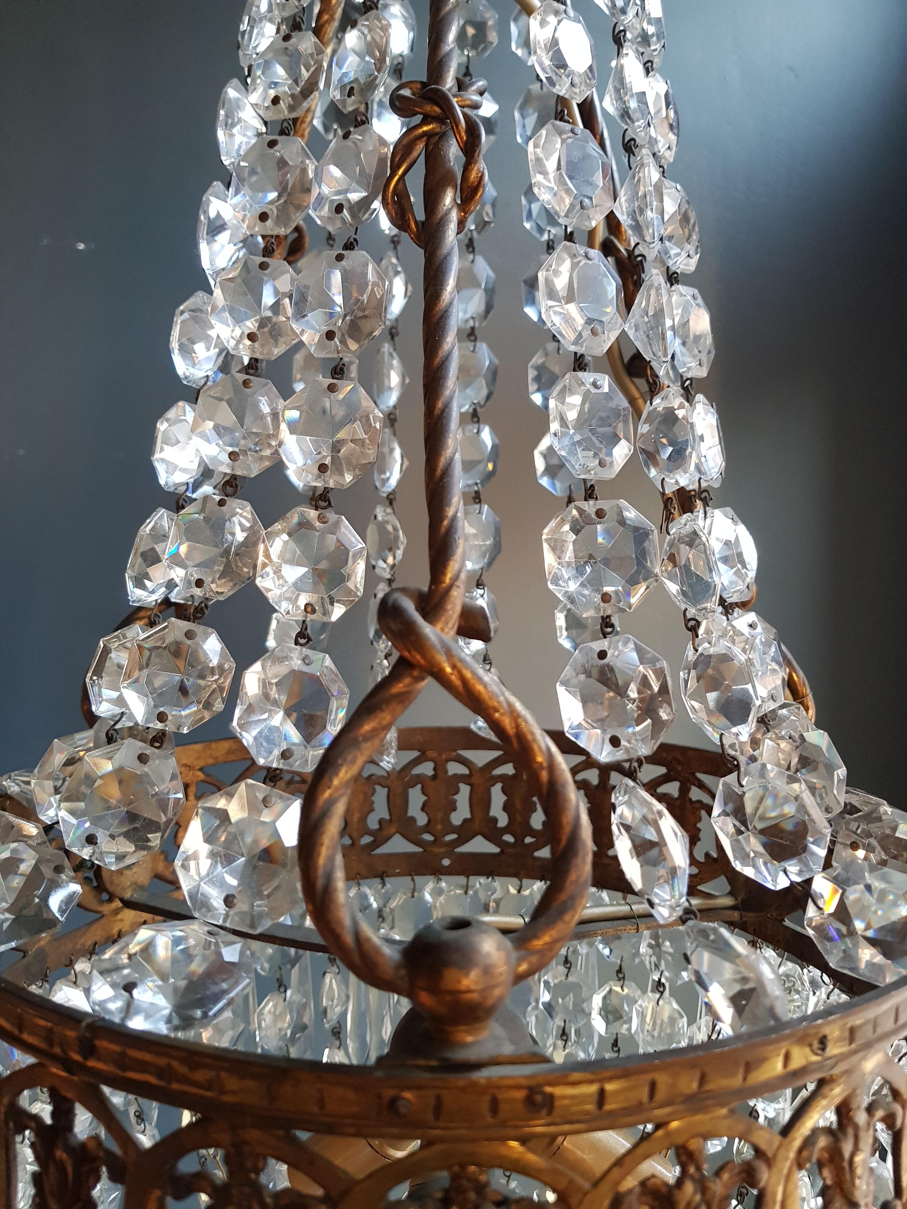 Hand-Knotted Basket Chandelier Brass Empire Crystal Lustre Ceiling Antique Art Nouveau