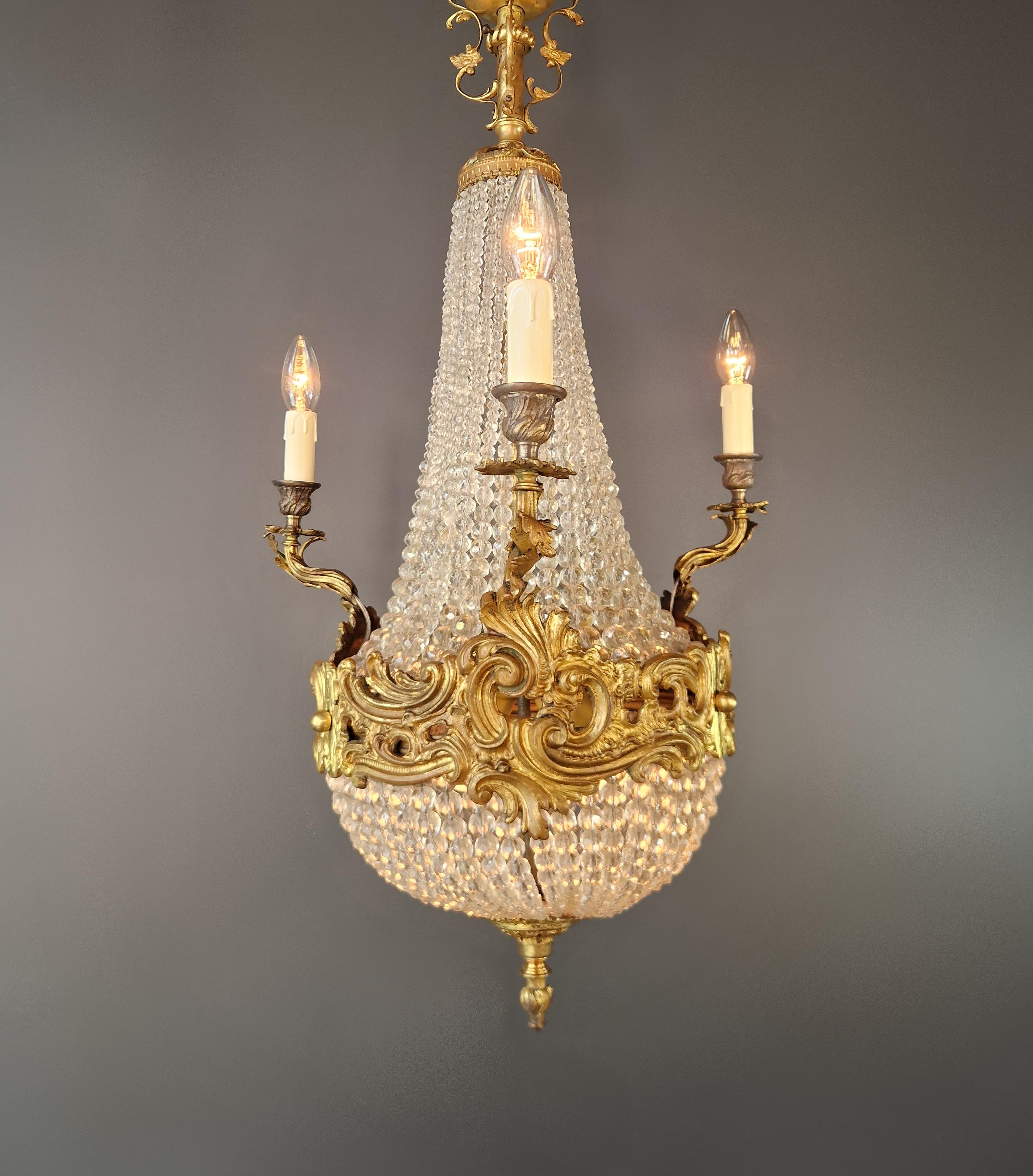 Neoclassical Basket Chandelier Crystal Empire Brass 3 Arms Lustre Antique Neorenaissance For Sale