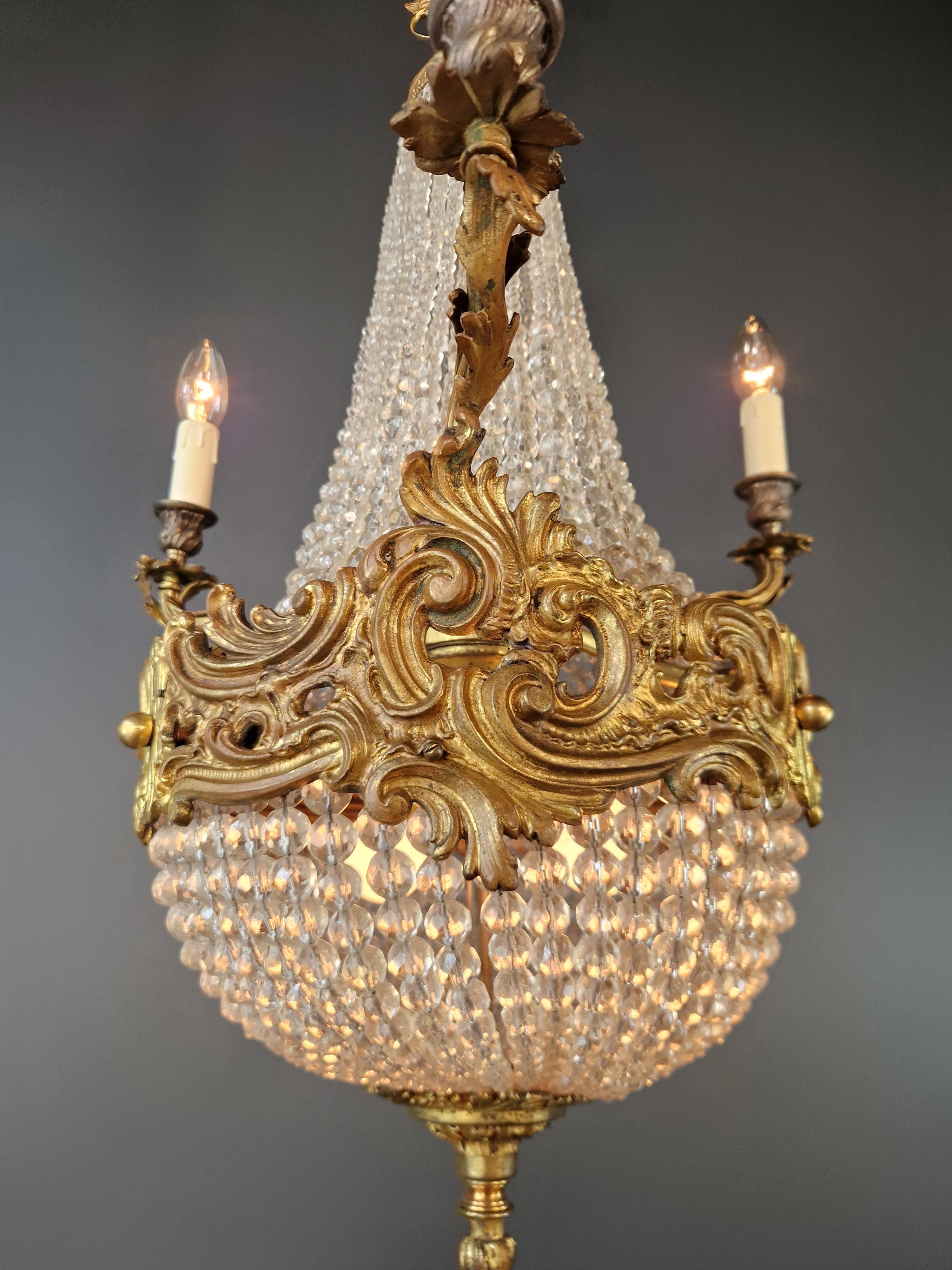Italian Basket Chandelier Crystal Empire Brass 3 Arms Lustre Antique Neorenaissance For Sale