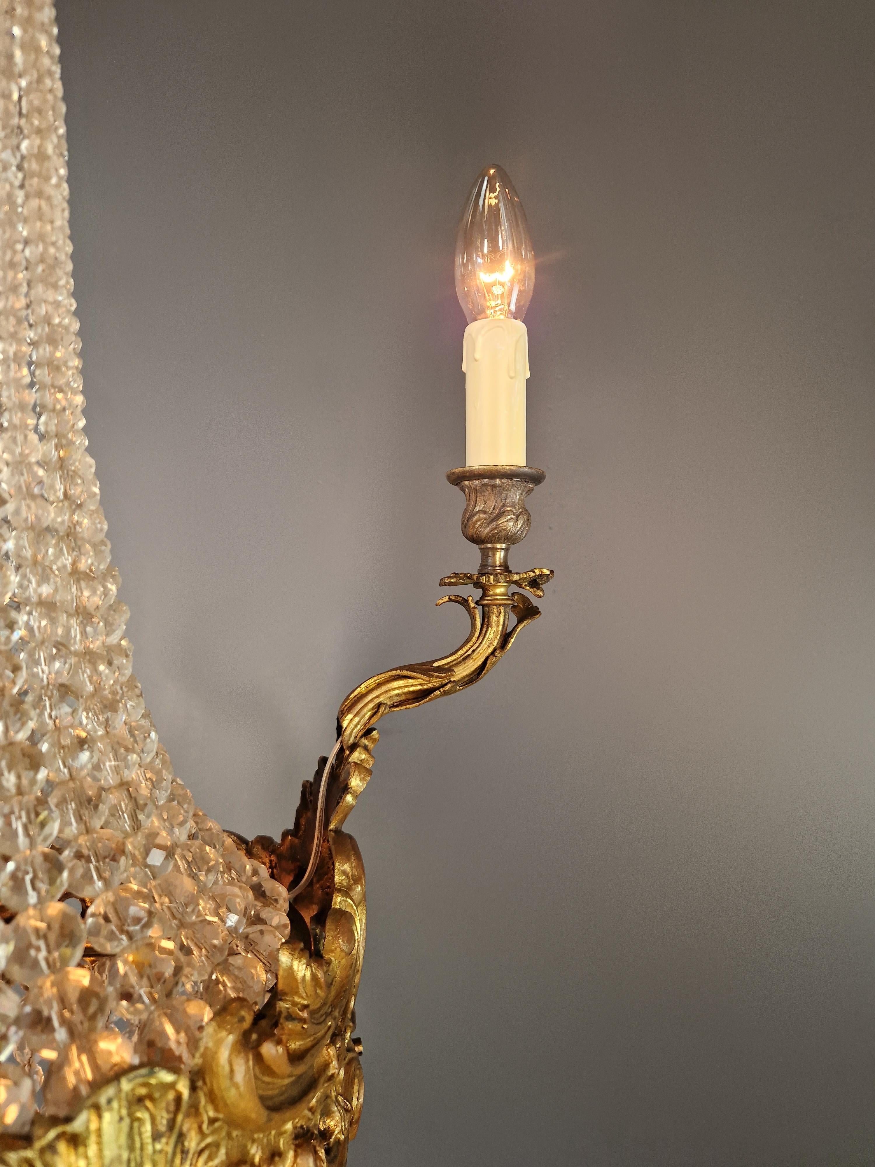 Hand-Knotted Basket Chandelier Crystal Empire Brass 3 Arms Lustre Antique Neorenaissance For Sale