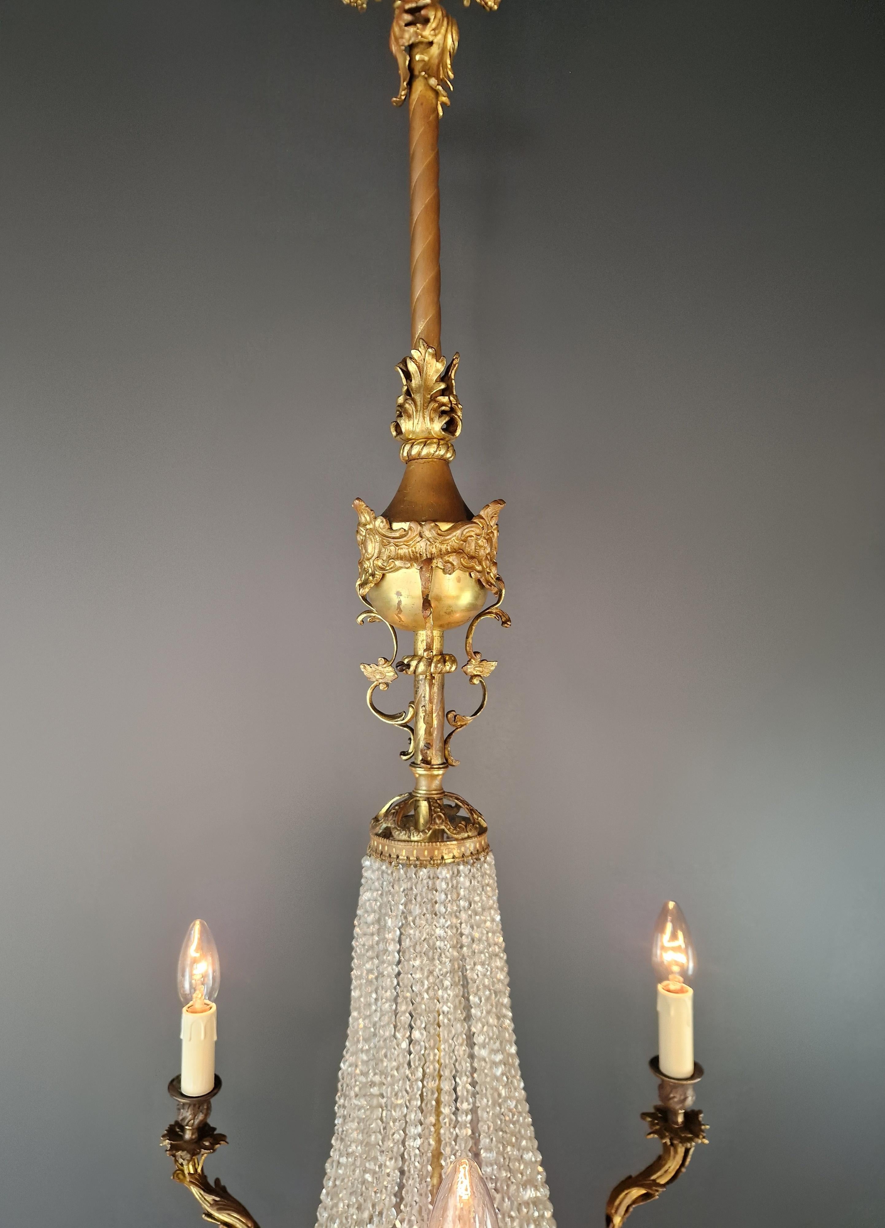 Basket Chandelier Crystal Empire Brass 3 Arms Lustre Antique Neorenaissance In Good Condition For Sale In Berlin, DE