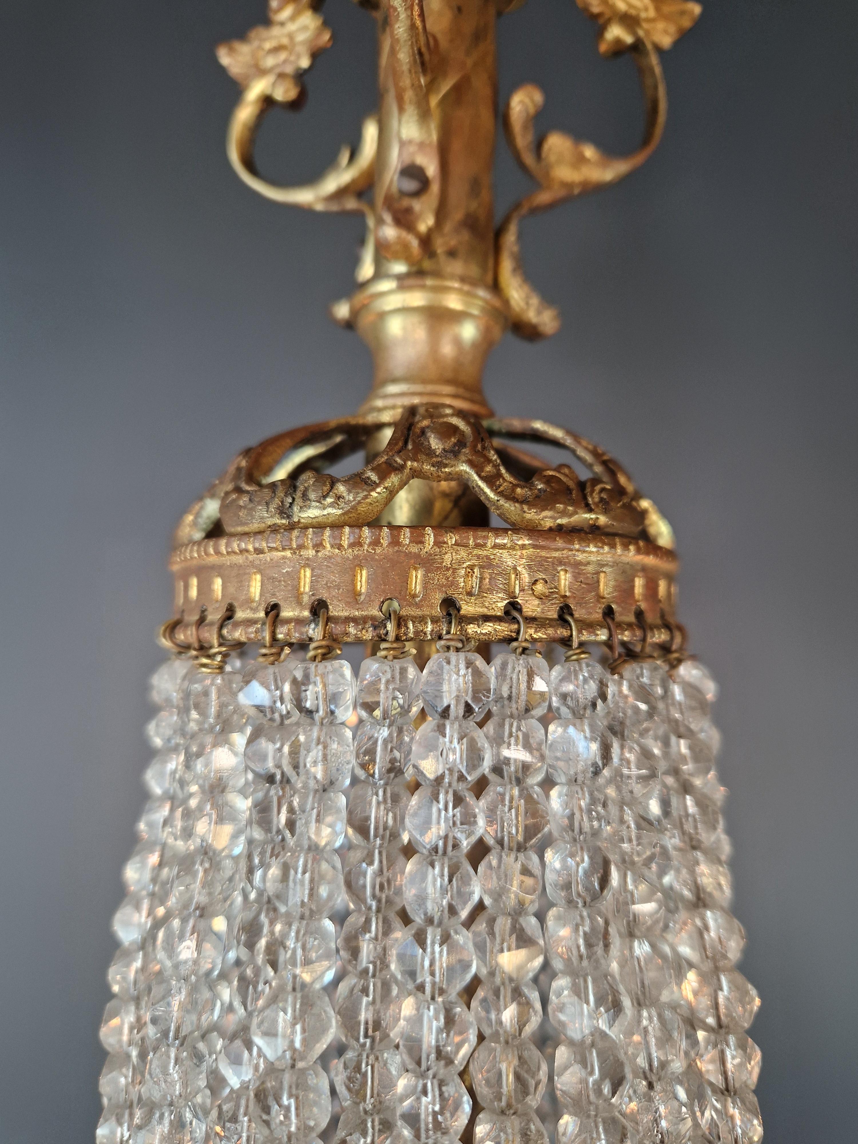Late 19th Century Basket Chandelier Crystal Empire Brass 3 Arms Lustre Antique Neorenaissance For Sale