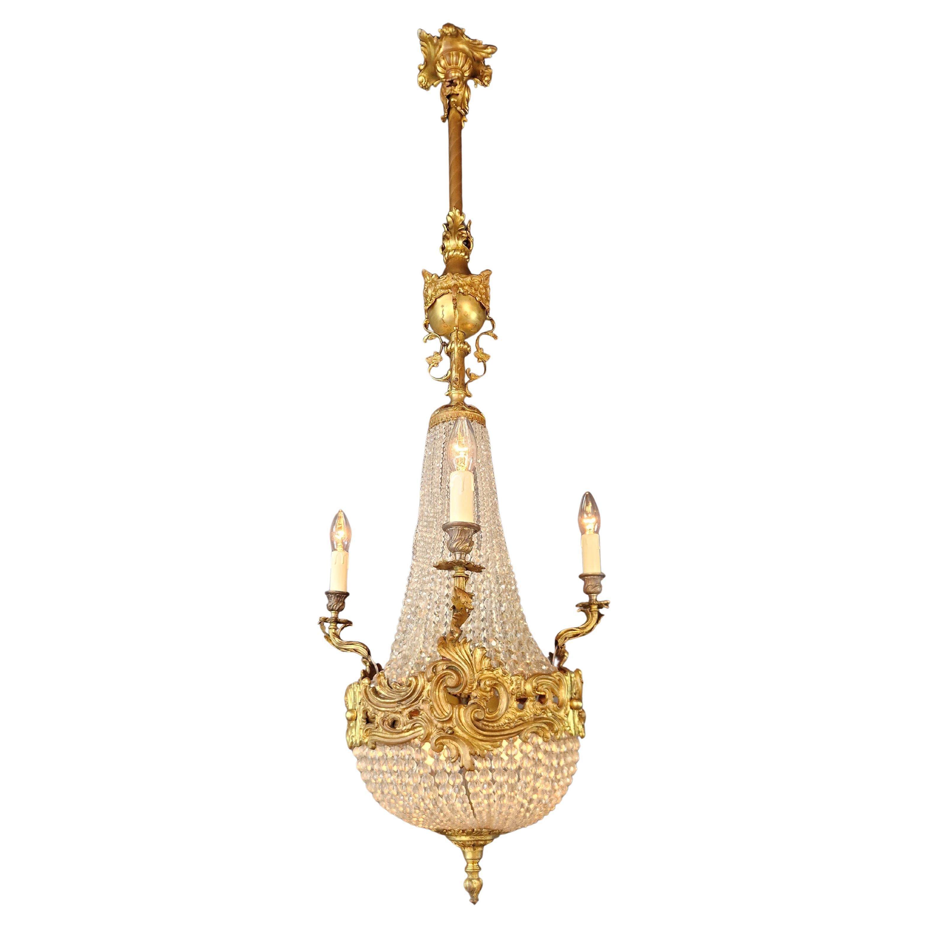 Basket Chandelier Crystal Empire Brass 3 Arms Lustre Antique Neorenaissance For Sale