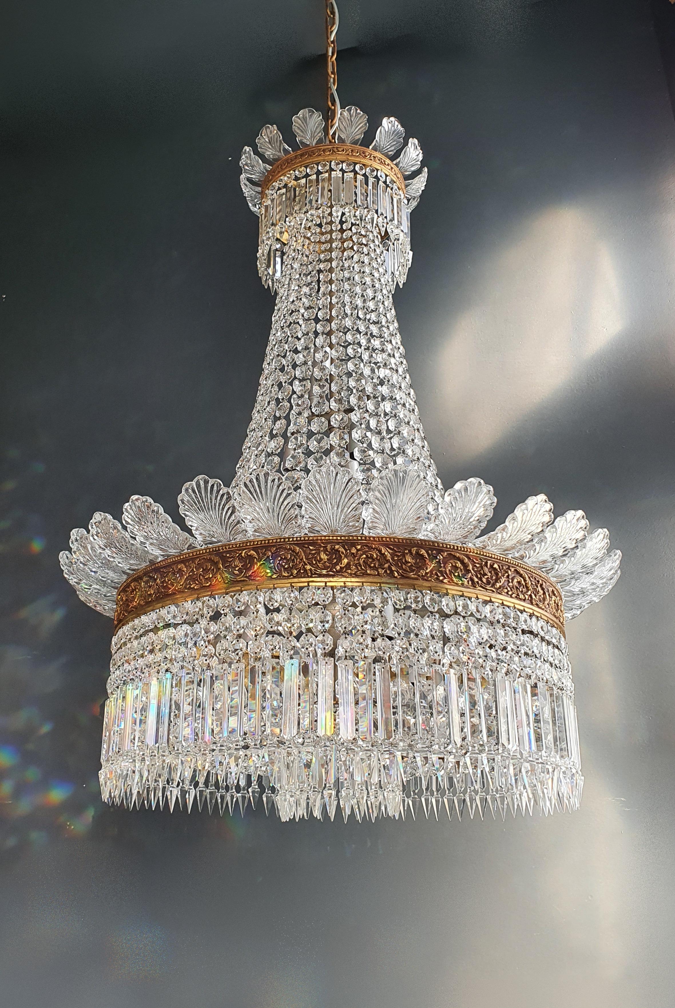 Hand-Knotted Basket Chandelier Crystal Empire Brass Sac a Pearl Lustre Ceiling Antique