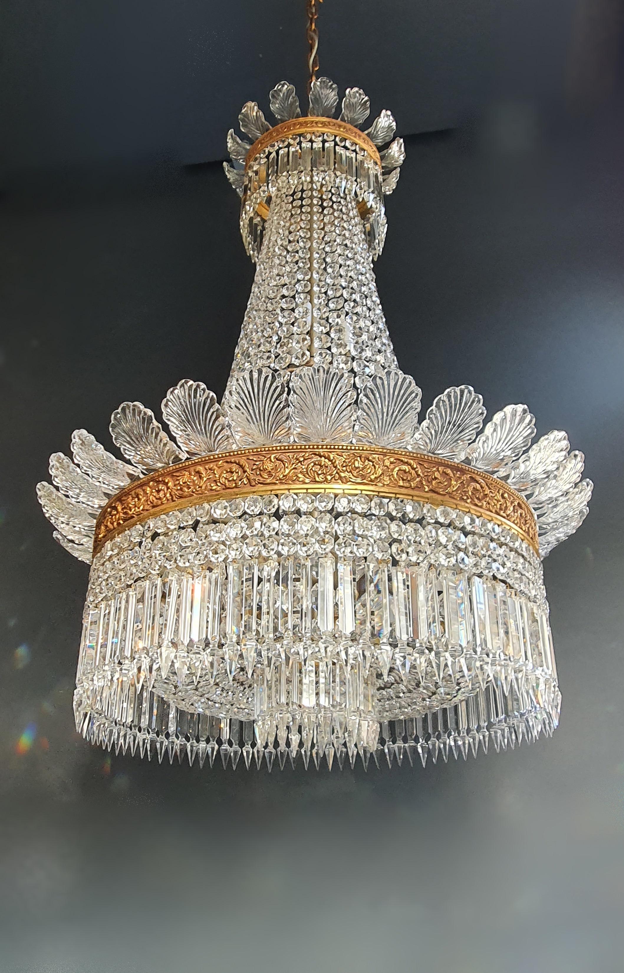 Basket Chandelier Crystal Empire Brass Sac a Pearl Lustre Ceiling Antique In Good Condition In Berlin, DE