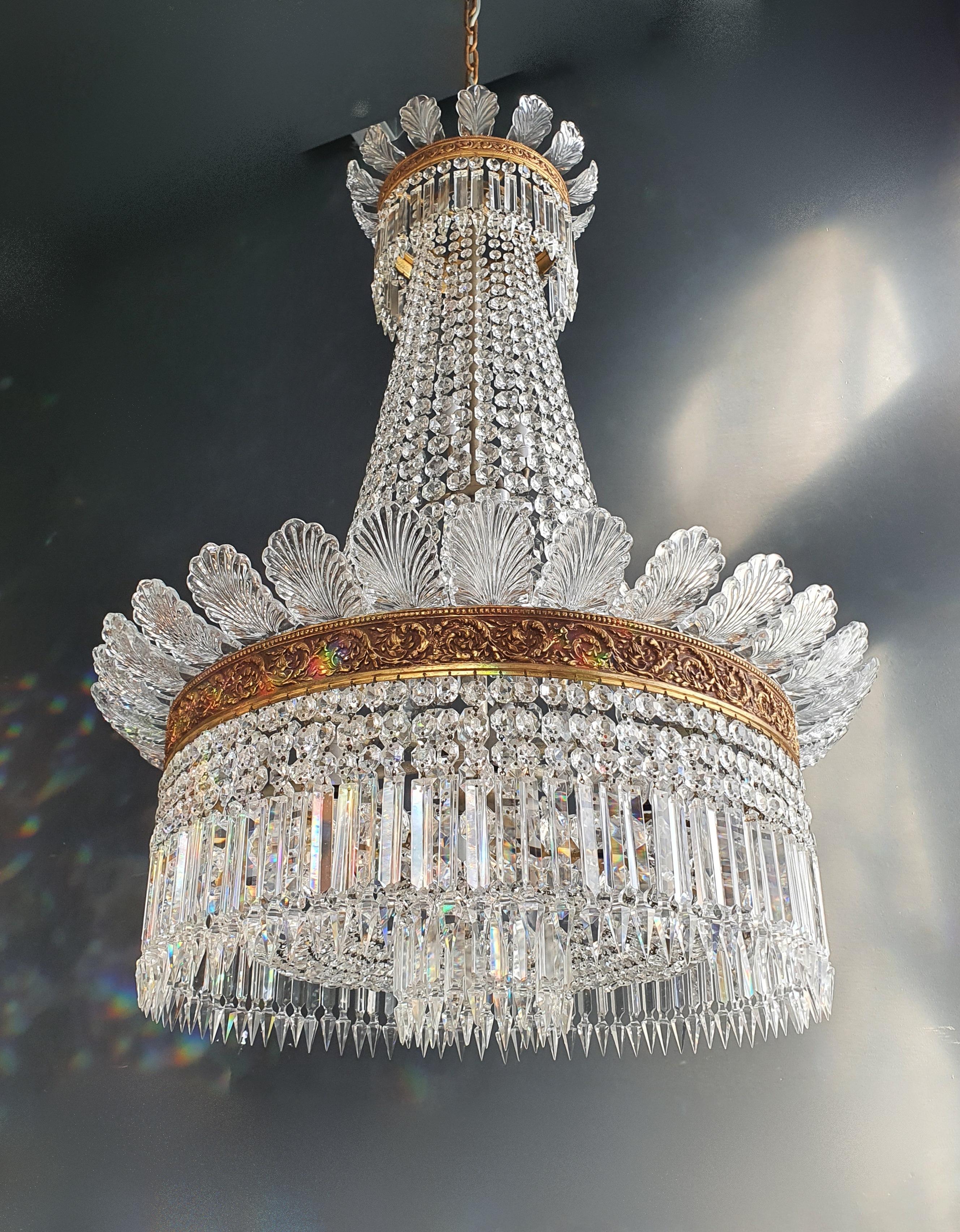 Mid-19th Century Basket Chandelier Crystal Empire Brass Sac a Pearl Lustre Ceiling Antique