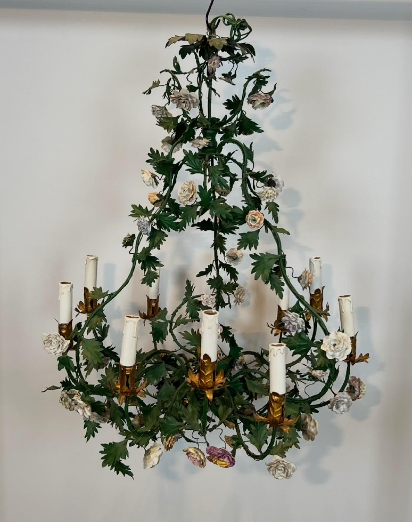 Lampadario a cesto con fogliame in metallo laccato verde e fiori in Meissen Porcelain in vendita 5