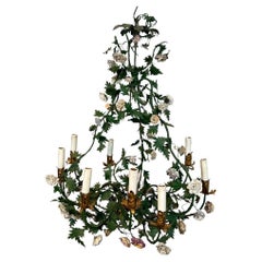 Basket Chandelier In Green Lacquered Metal Foliage & Meissen Porcelain Flowers