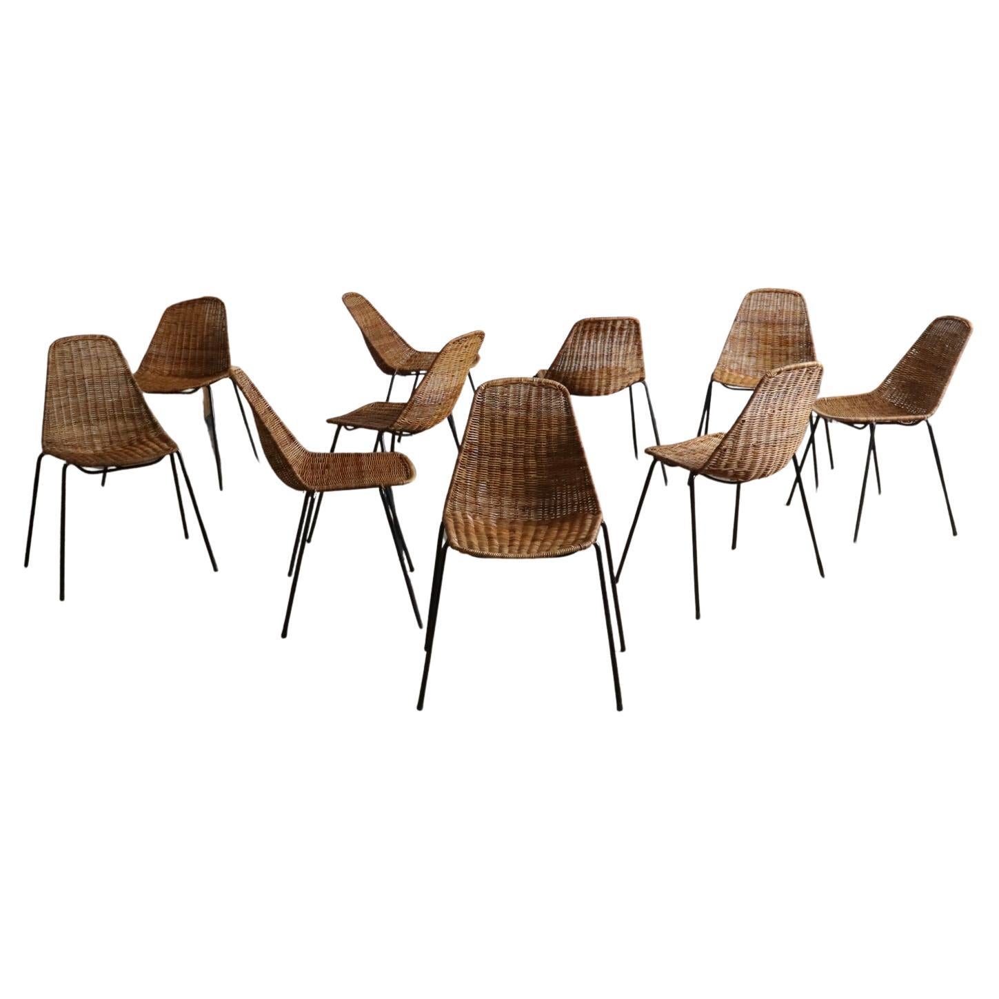 Basket Dining Chairs in rattan by Gian Franco Legler 1950s, set of 10