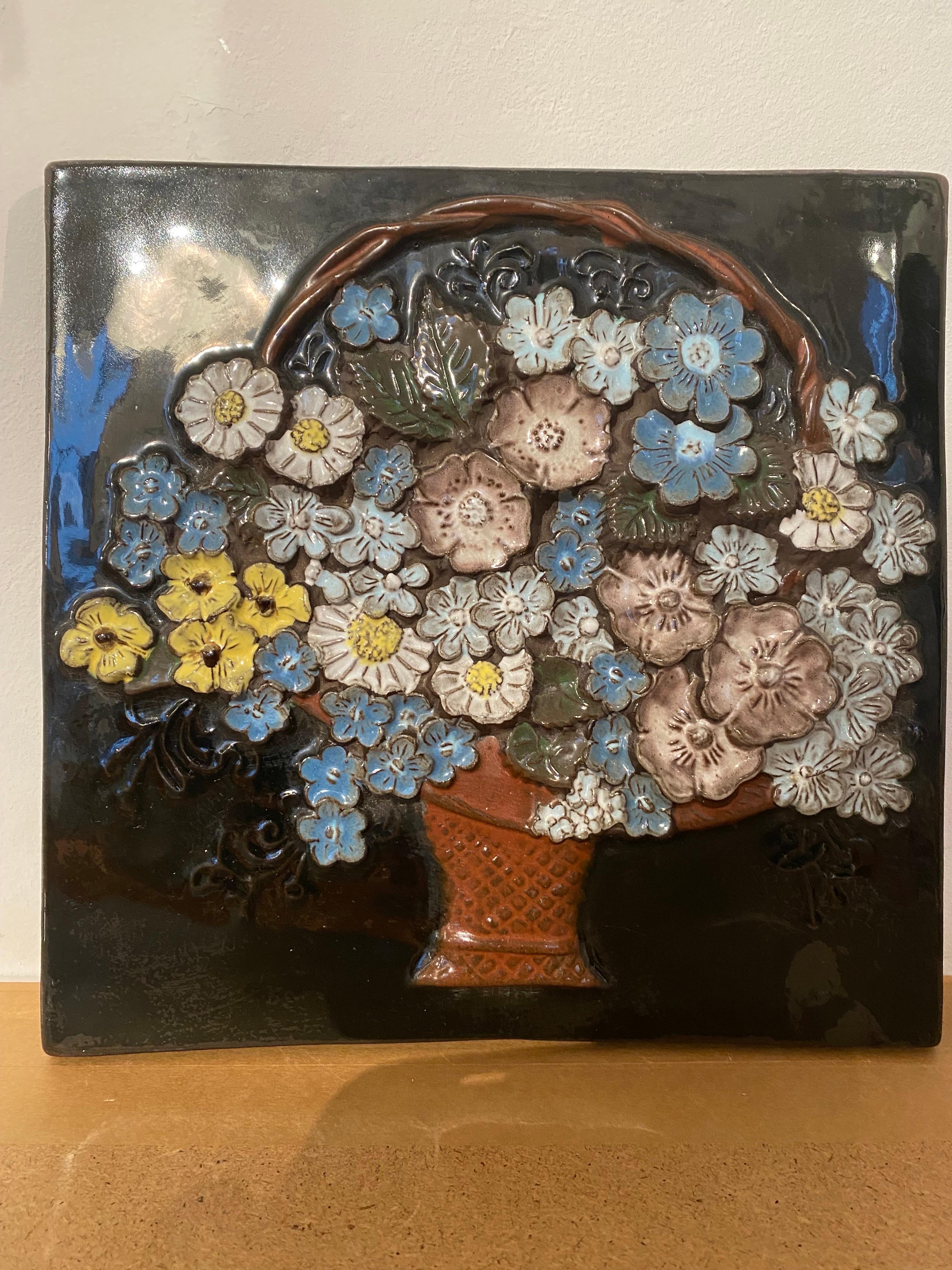 Glazed Basket Flowers Tile Wall Mounted Designed by Aimo Nietosvuori for JIE Gantofta For Sale