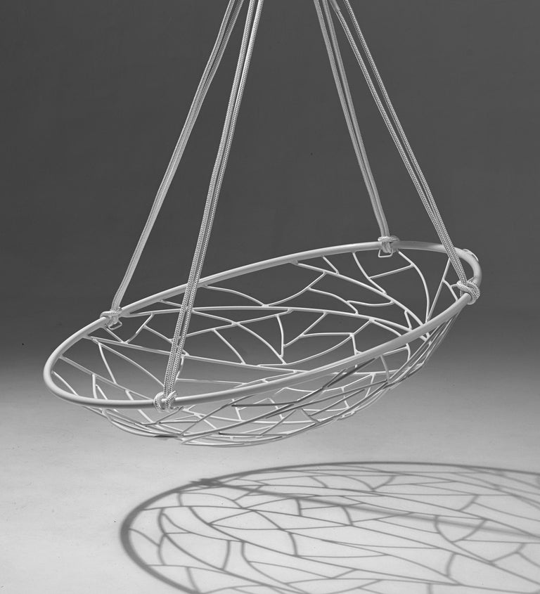 Basket Hanging Swing Chair Modern Steel Twig in/Outdoor White For Sale