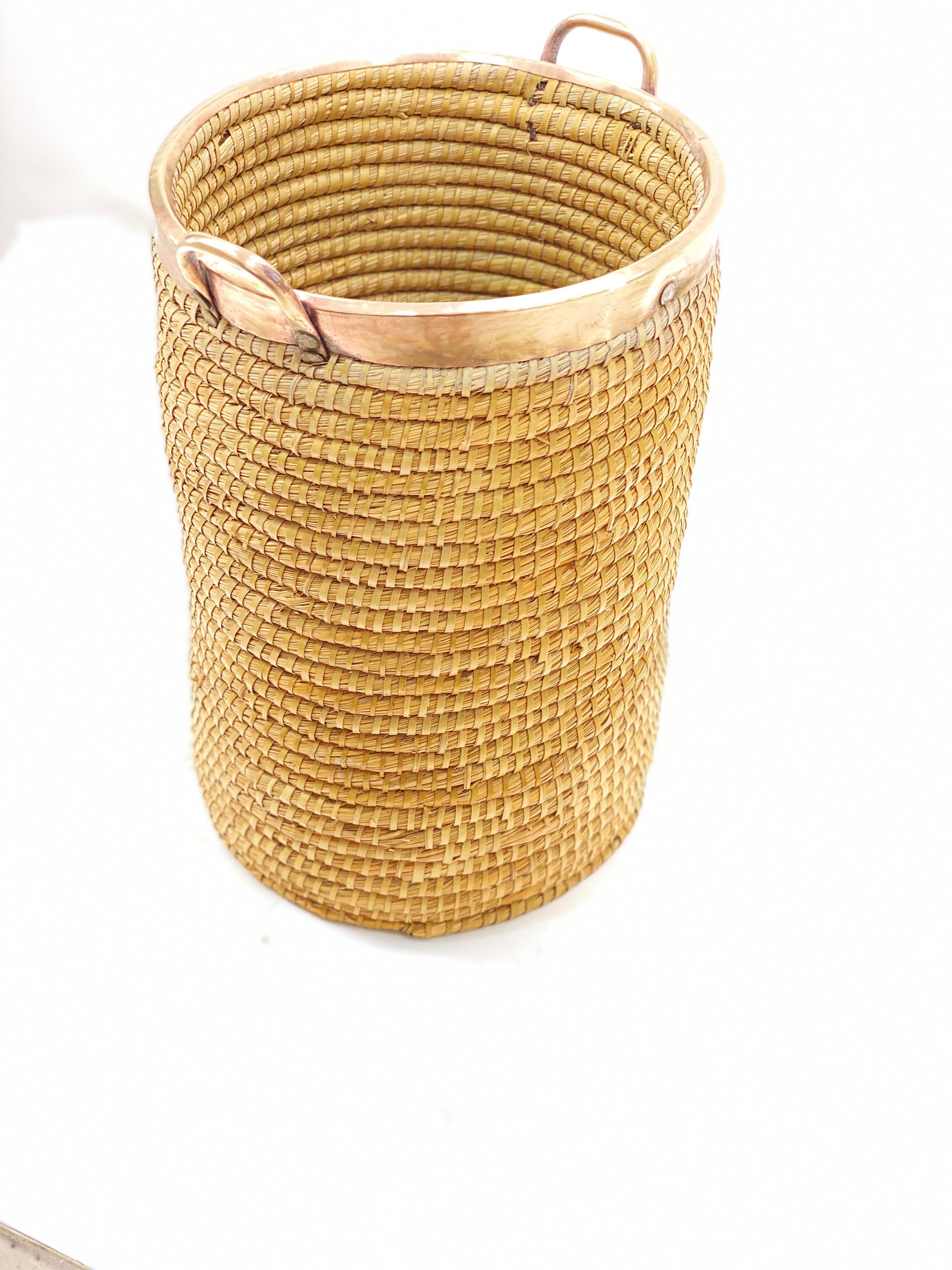 Late 20th Century  Basket in Rattan, Cooper and Brass, Italy, 1970 For Sale