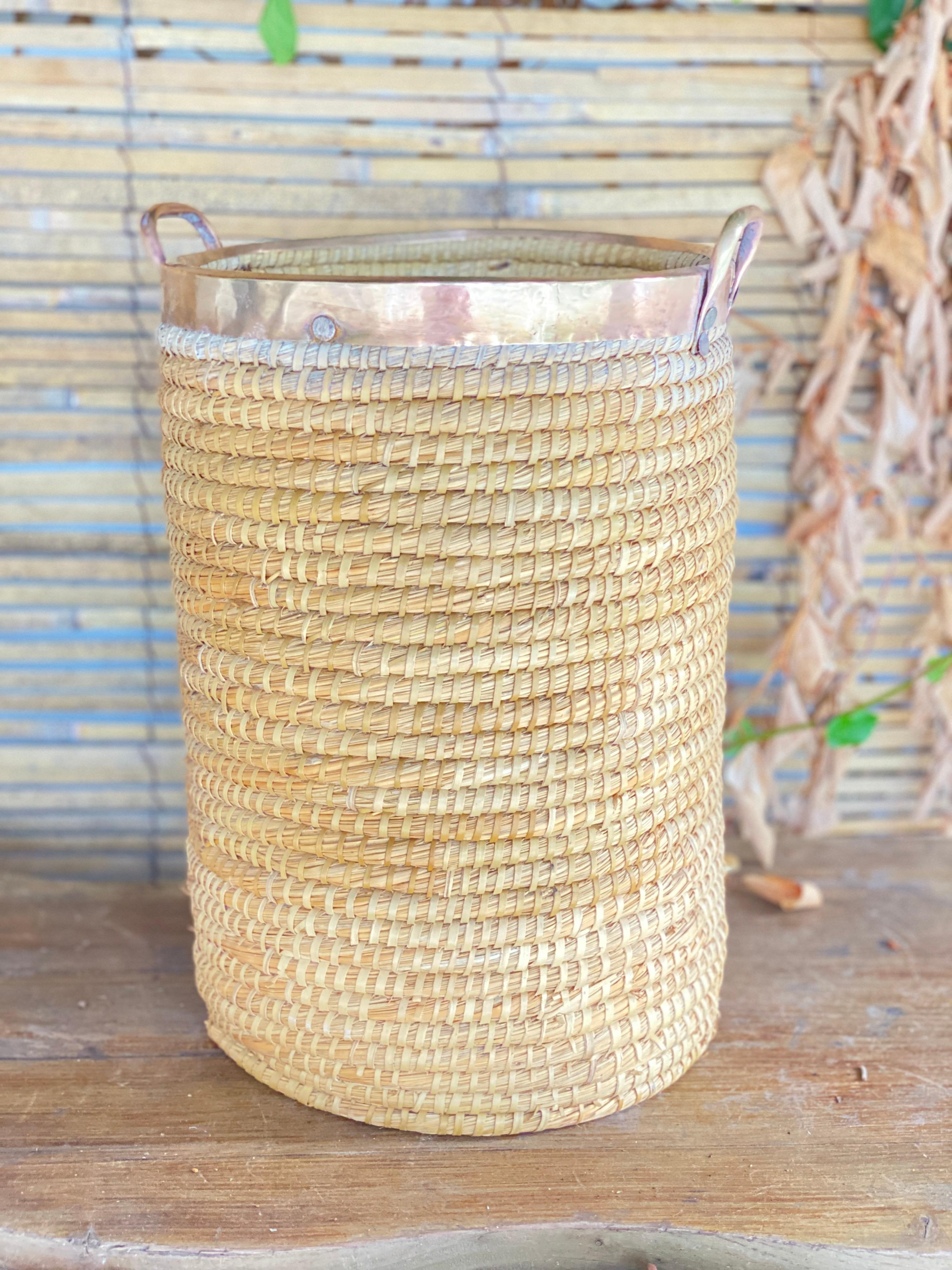  Basket in Rattan, Cooper and Brass, Italy, 1970 For Sale 3