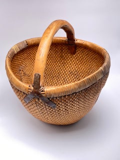Basket in Wicker, and Wood, China, XX Century, Artisanal Made, Yellow Color