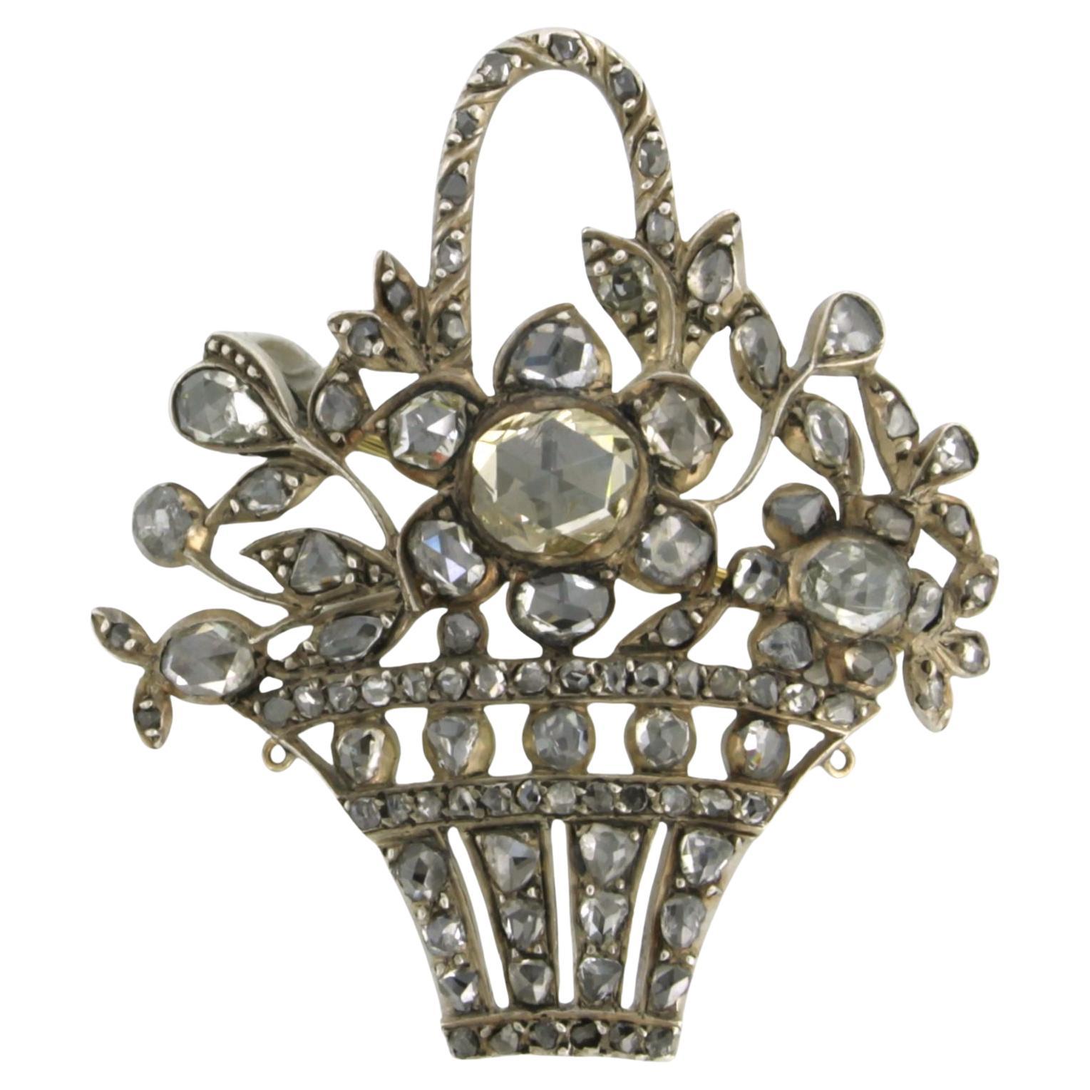 Basket of flowers brooch with rose cut diamonds up to 3.20ct 14k gold and silver