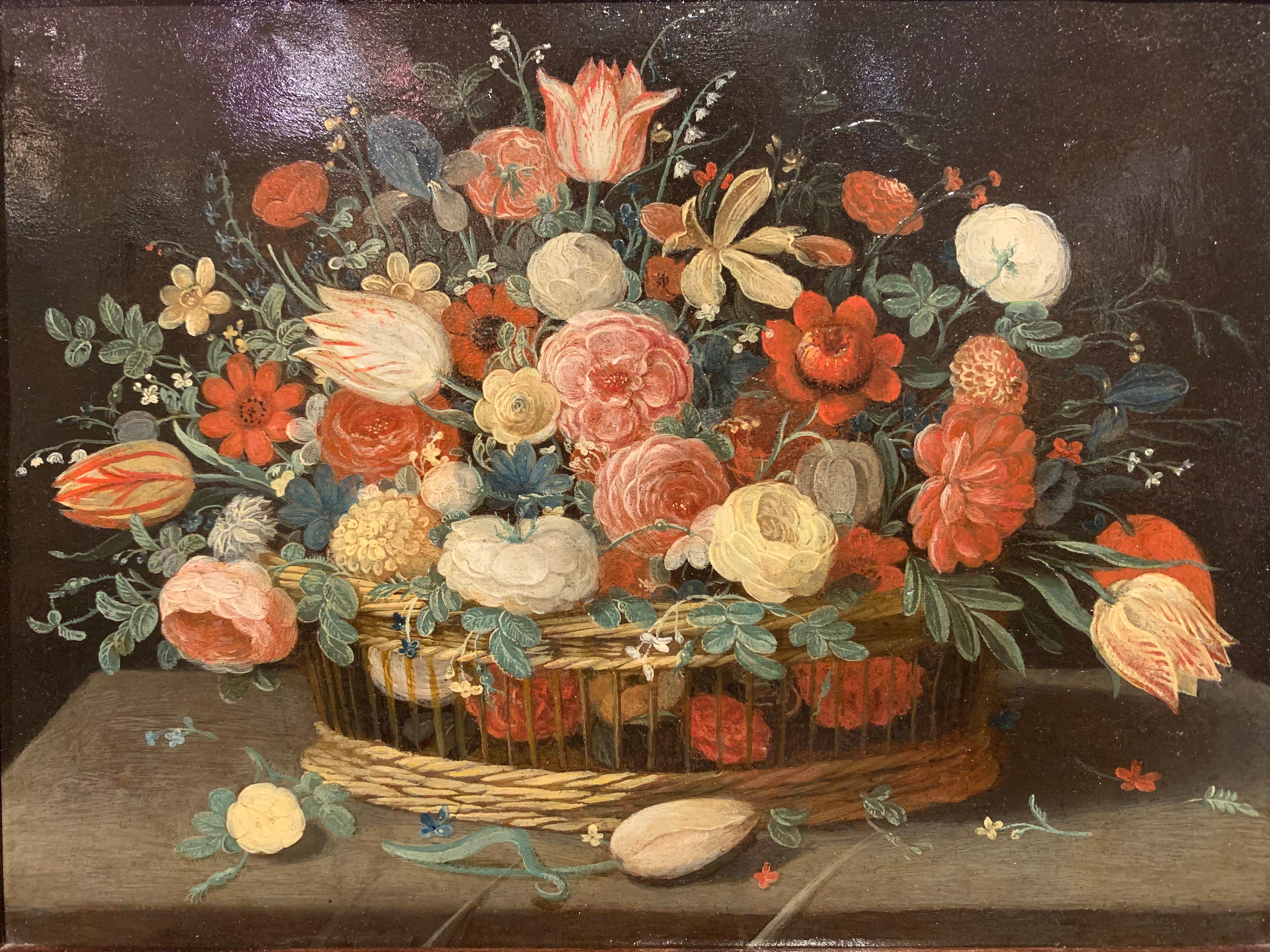 Oil on copper depicting a basket of flowers made up of roses, tulips and irises, with small florets fleshing out the larger buds carefully arranged in the basket.
Jan Van KESSEL the younger was the great-grandson of Jan BRUEGHEL de VELOURS. He