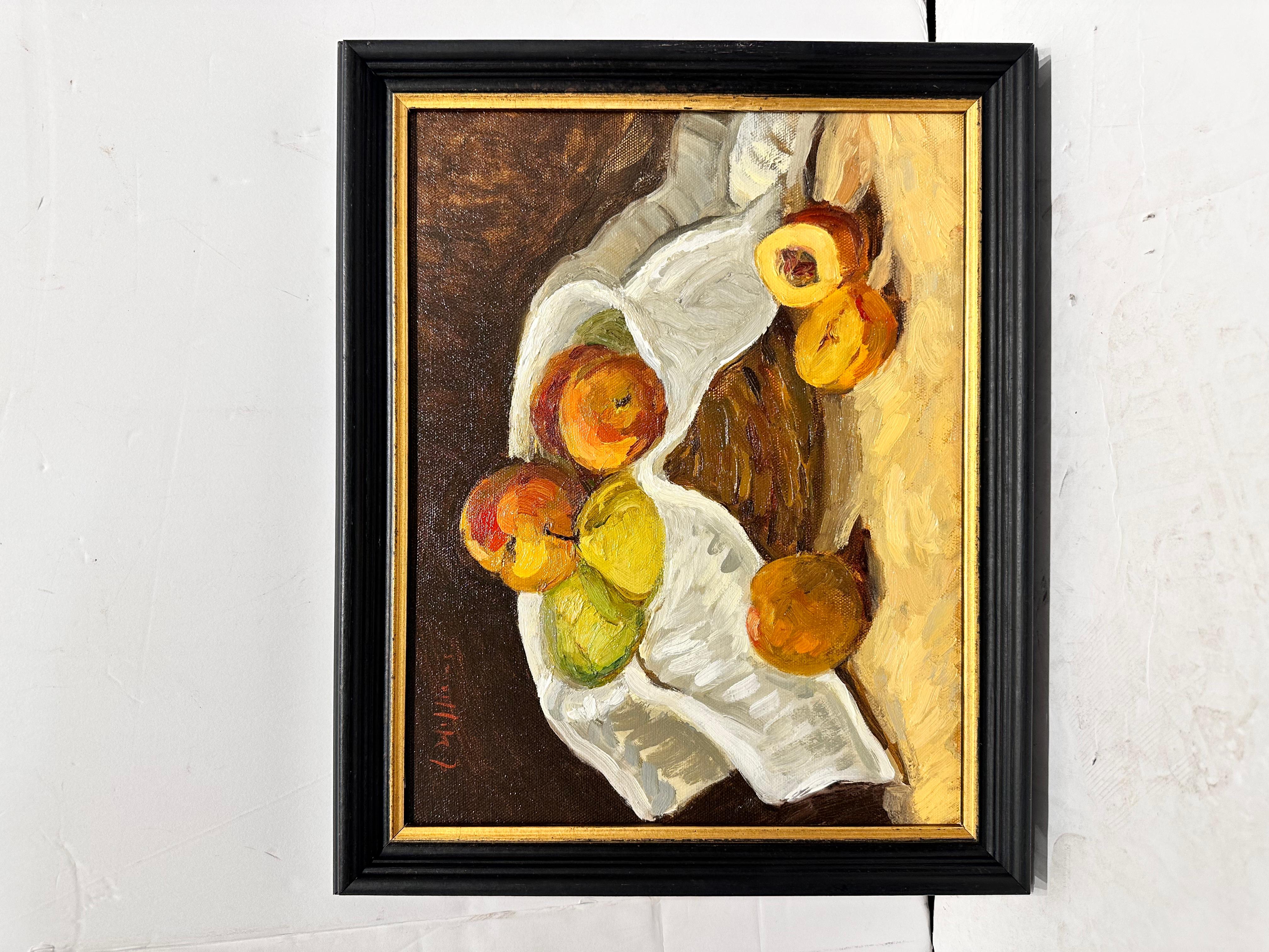 Quoi de plus approprié pour une belle peinture à l'huile que la traditionnelle corbeille de fruits ? Cette pièce égayera votre espace grâce à l'attention portée par l'artiste aux détails et à ses pêches et poires aux couleurs vives !