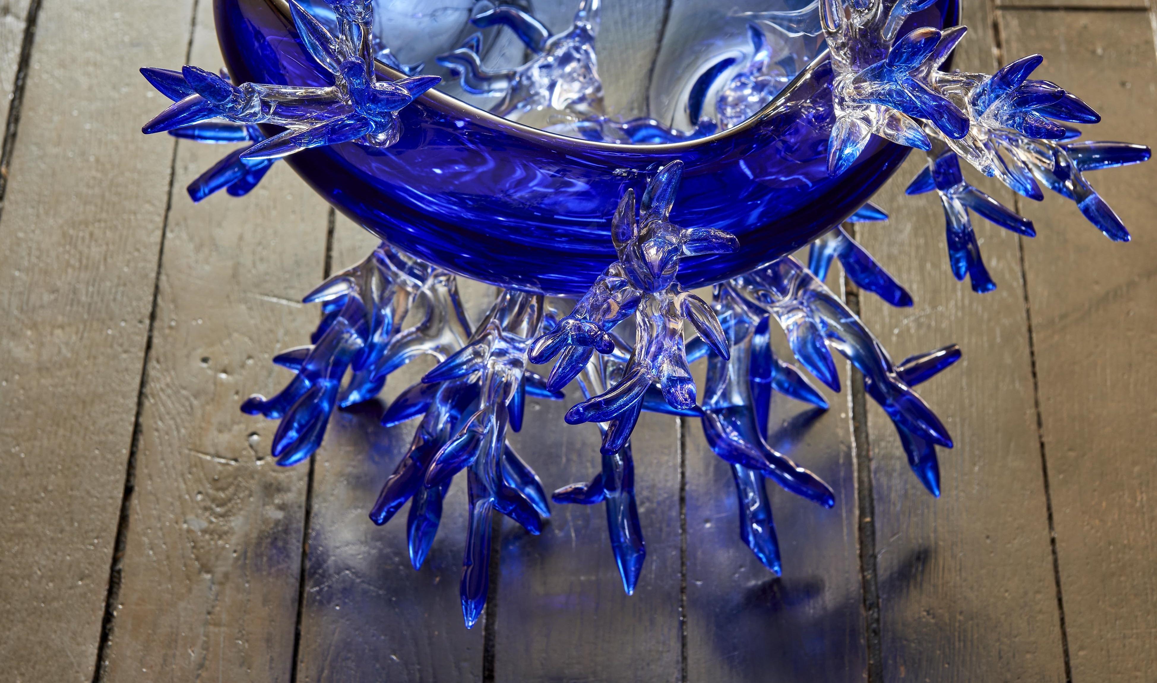 French Basket Shape Ultra Marine Blue Vase by Emilie Lemardeley For Sale