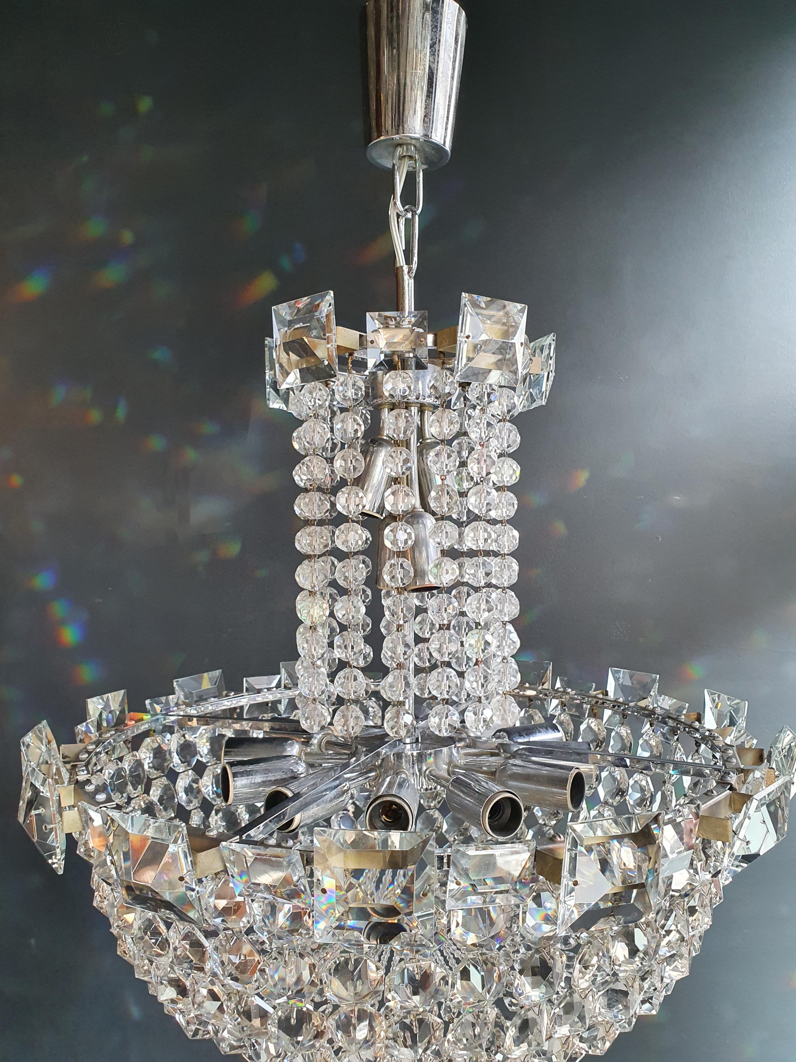 Hand-Knotted Basket Silver Modern Art Deco Chandelier Crystal Lustre Ceiling Lamp Antique For Sale