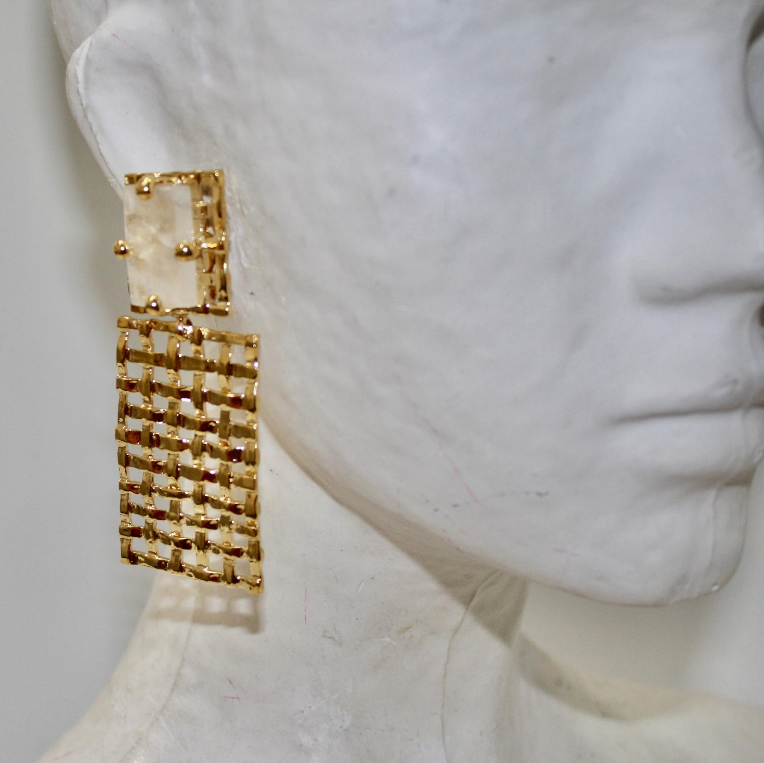 Basket Weave 24-carat Gilded Bronze and Rock Crystal Earrings In New Condition In Virginia Beach, VA