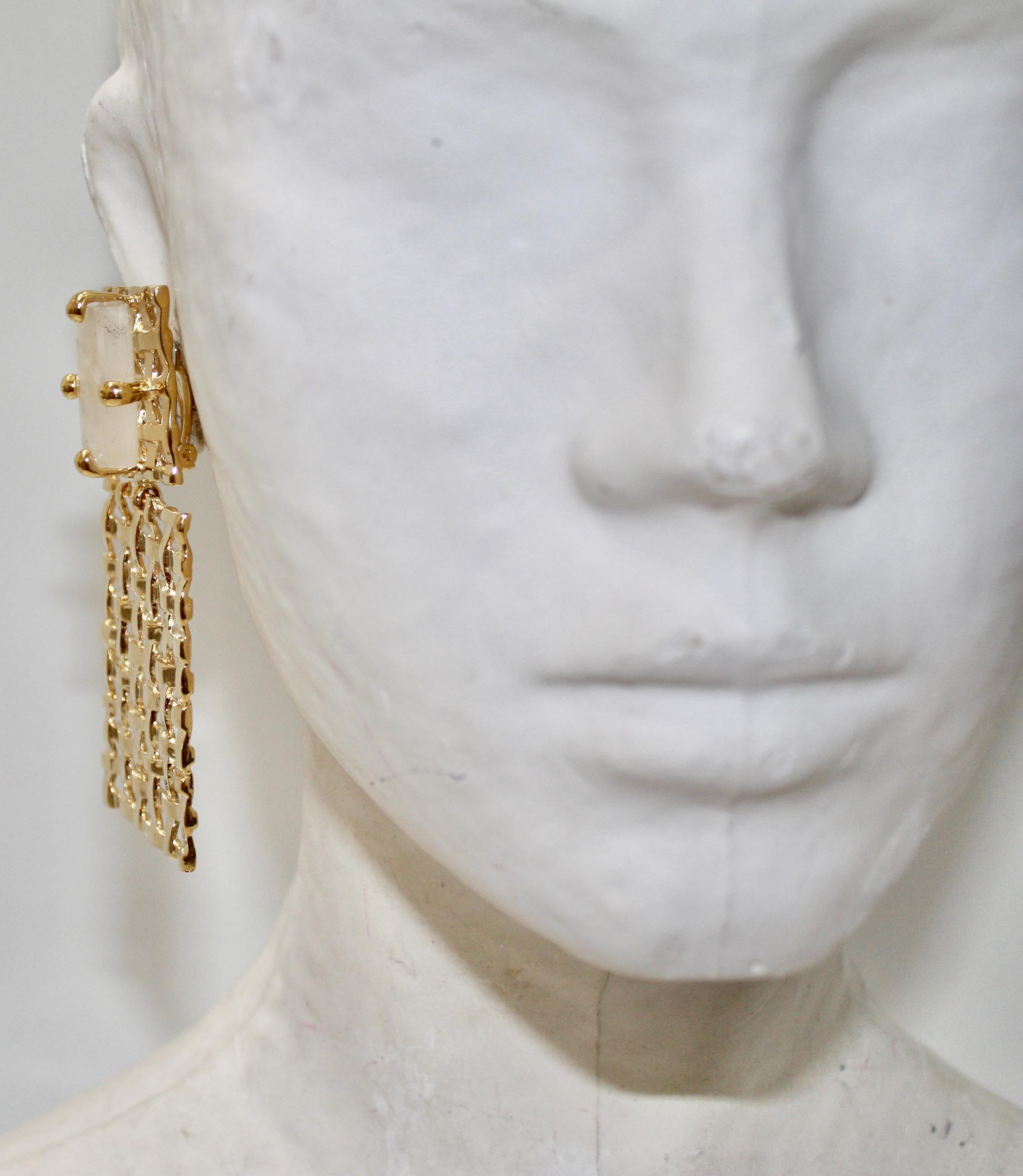Women's or Men's Basket Weave 24-carat Gilded Bronze and Rock Crystal Earrings