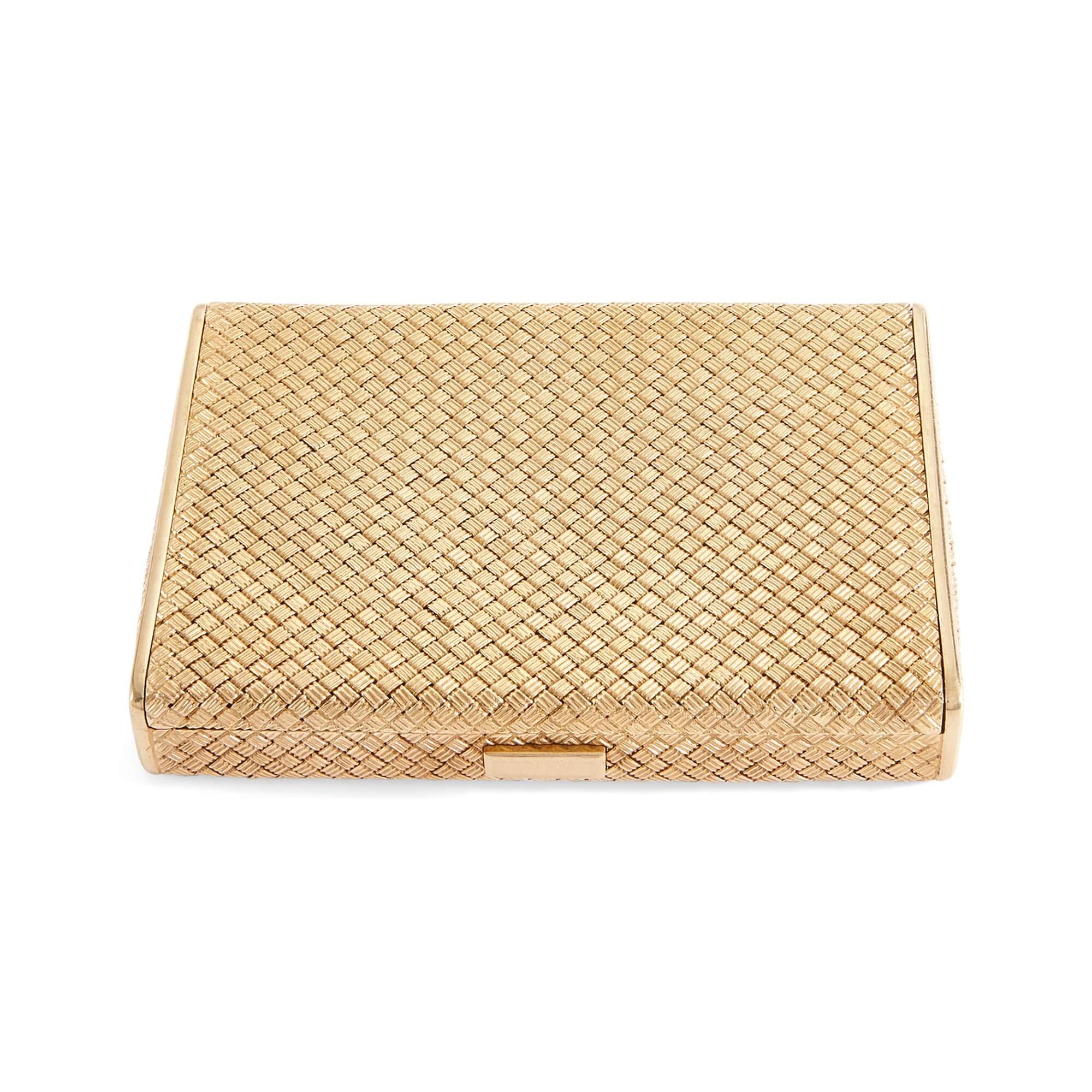 Basket weave design 18k gold cigarette box 
Continental, Early 20th century
Height 1.5cm, width 9cm, depth 6.5cm

This elegant cigarette box is beautifully made from 18k gold. The box opens with a push of the smooth button positioned at the
