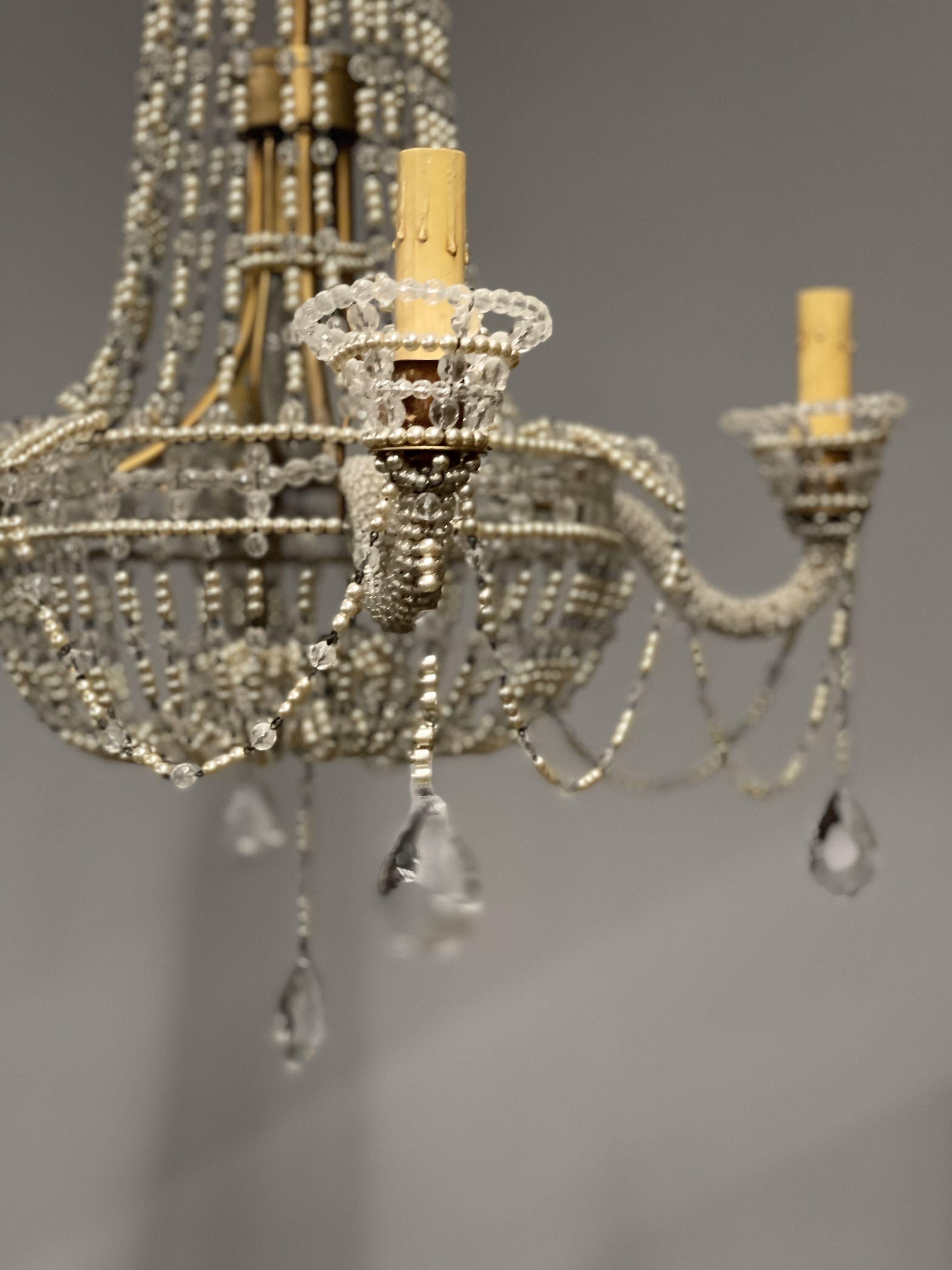 Basket Weave French Crystal Pearl Beaded Chandelier For Sale 5