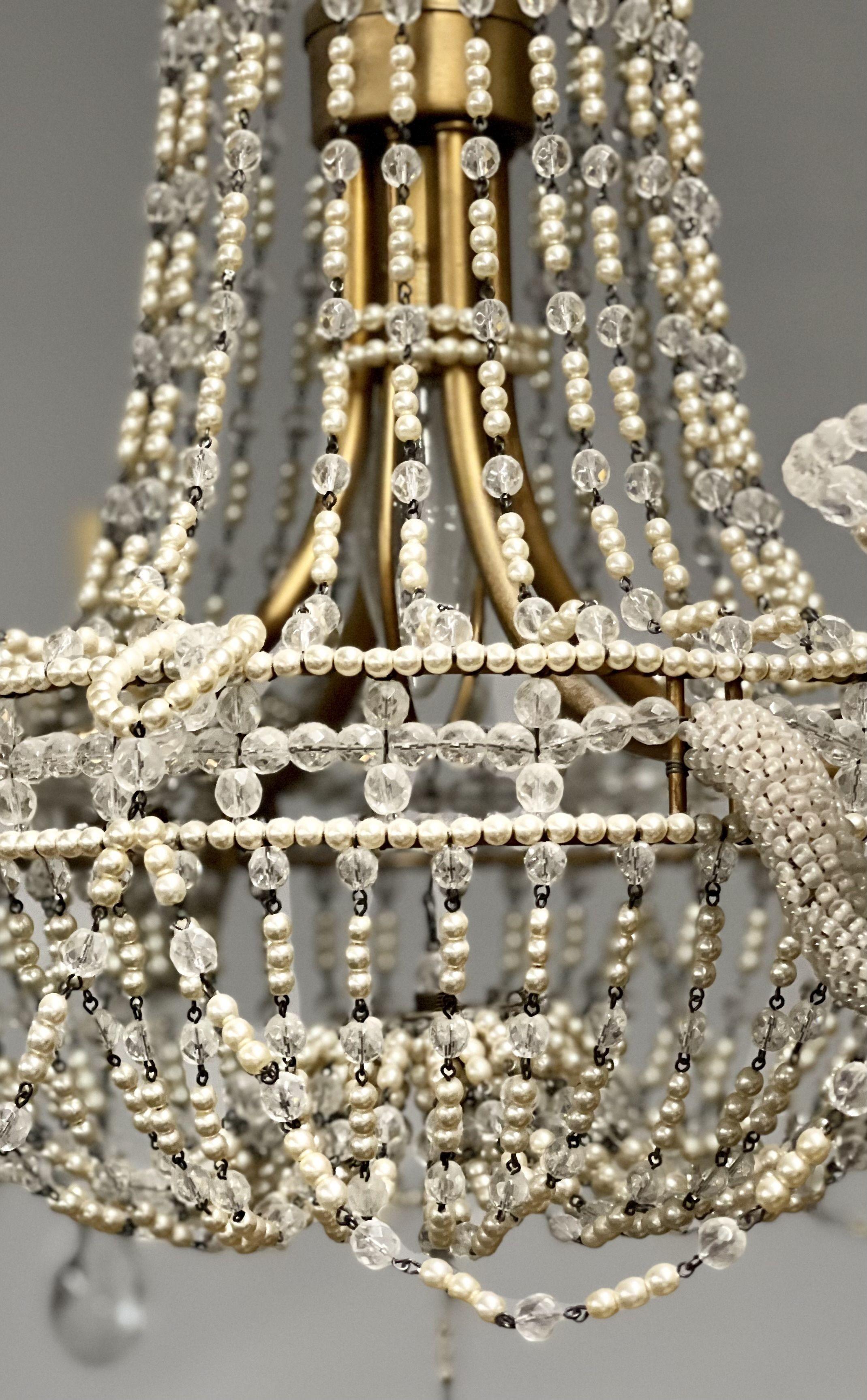 Basket Weave French Crystal Pearl Beaded Chandelier For Sale 6
