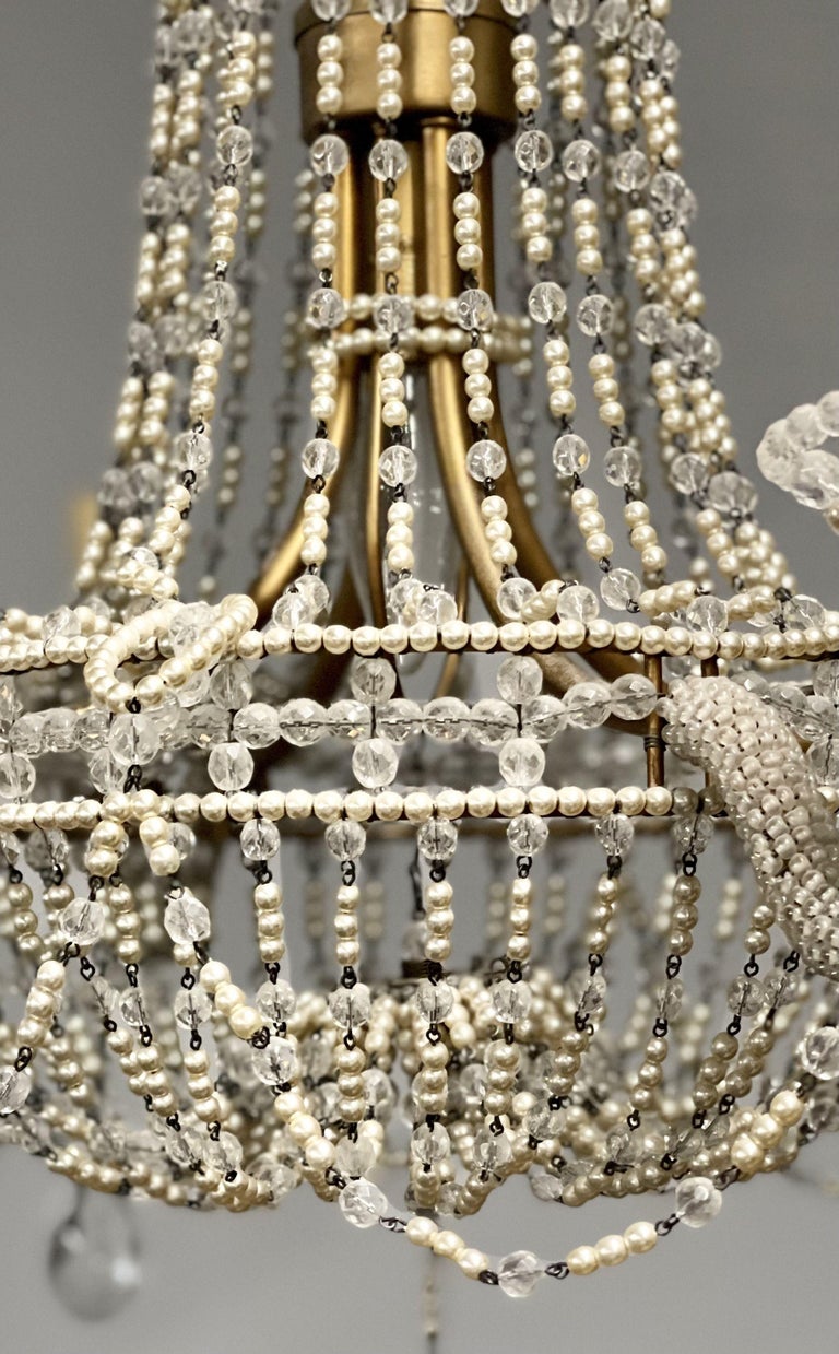 Basket Weave French Crystal Pearl Beaded Chandelier For Sale at 1stDibs