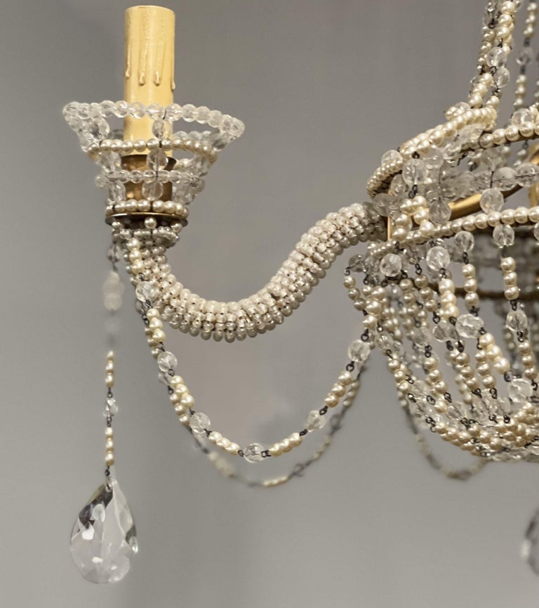 Basket Weave French Crystal Pearl Beaded Chandelier For Sale at 1stDibs