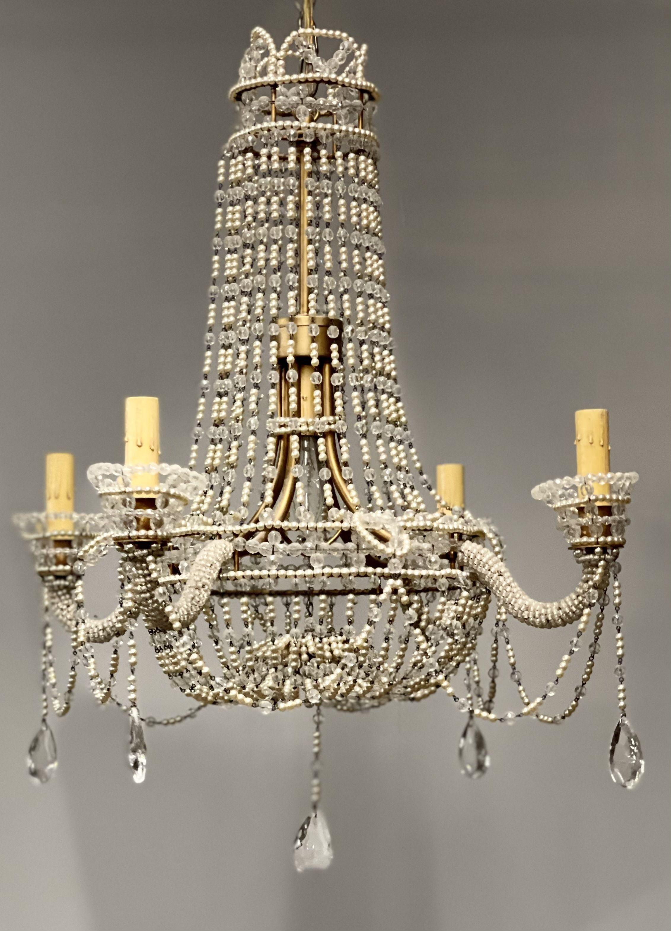 Basket Weave French Crystal Pearl Beaded Chandelier. A fine French Chandelier having five lights with intertwining pearal and crystal decorations.  32H x 20 dia Removed directly from Dr Shawn Garber's home on the Gold Coast of Long Island. Part of