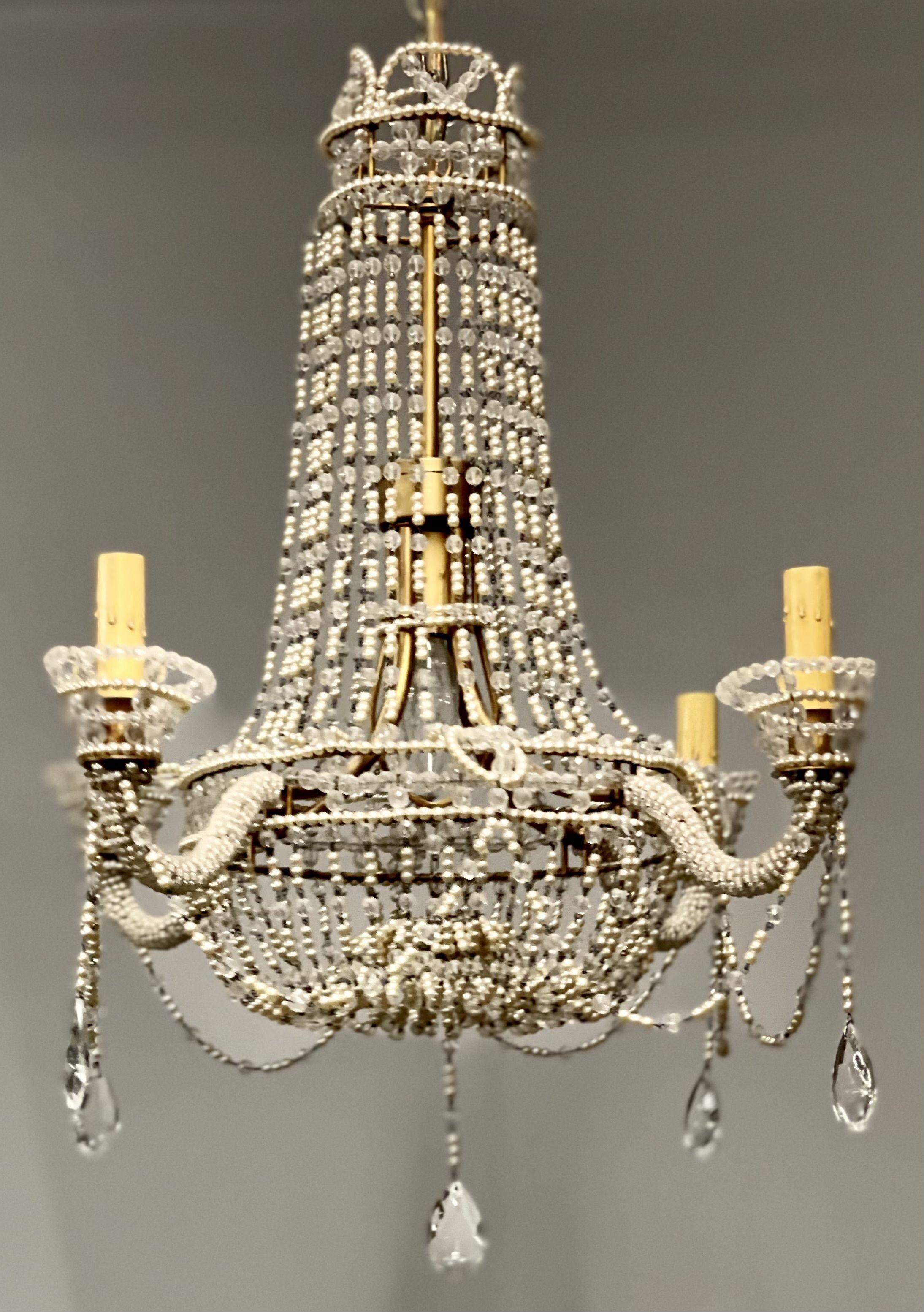 Basket Weave French Crystal Pearl Beaded Chandelier In Good Condition For Sale In Stamford, CT