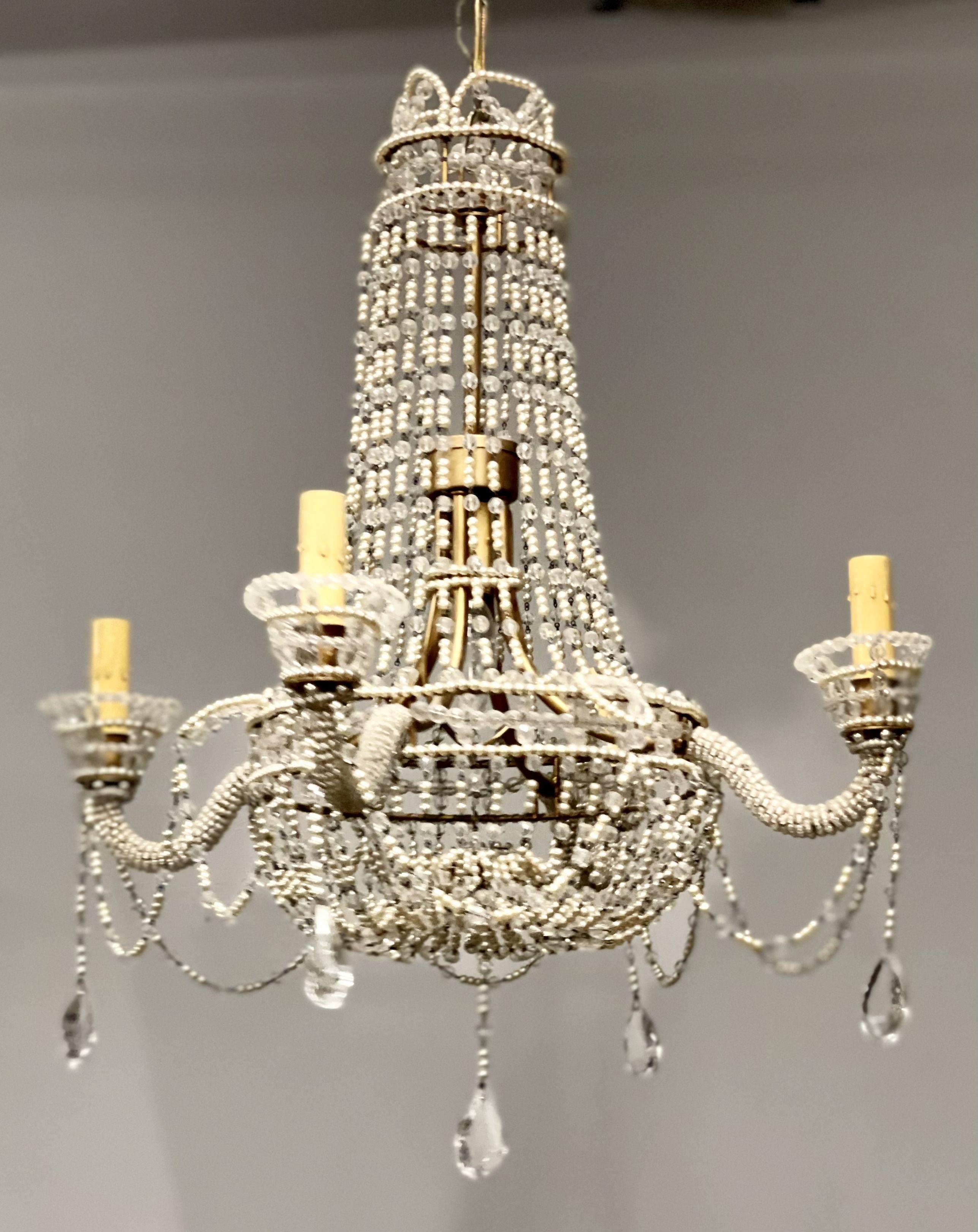 20th Century Basket Weave French Crystal Pearl Beaded Chandelier For Sale