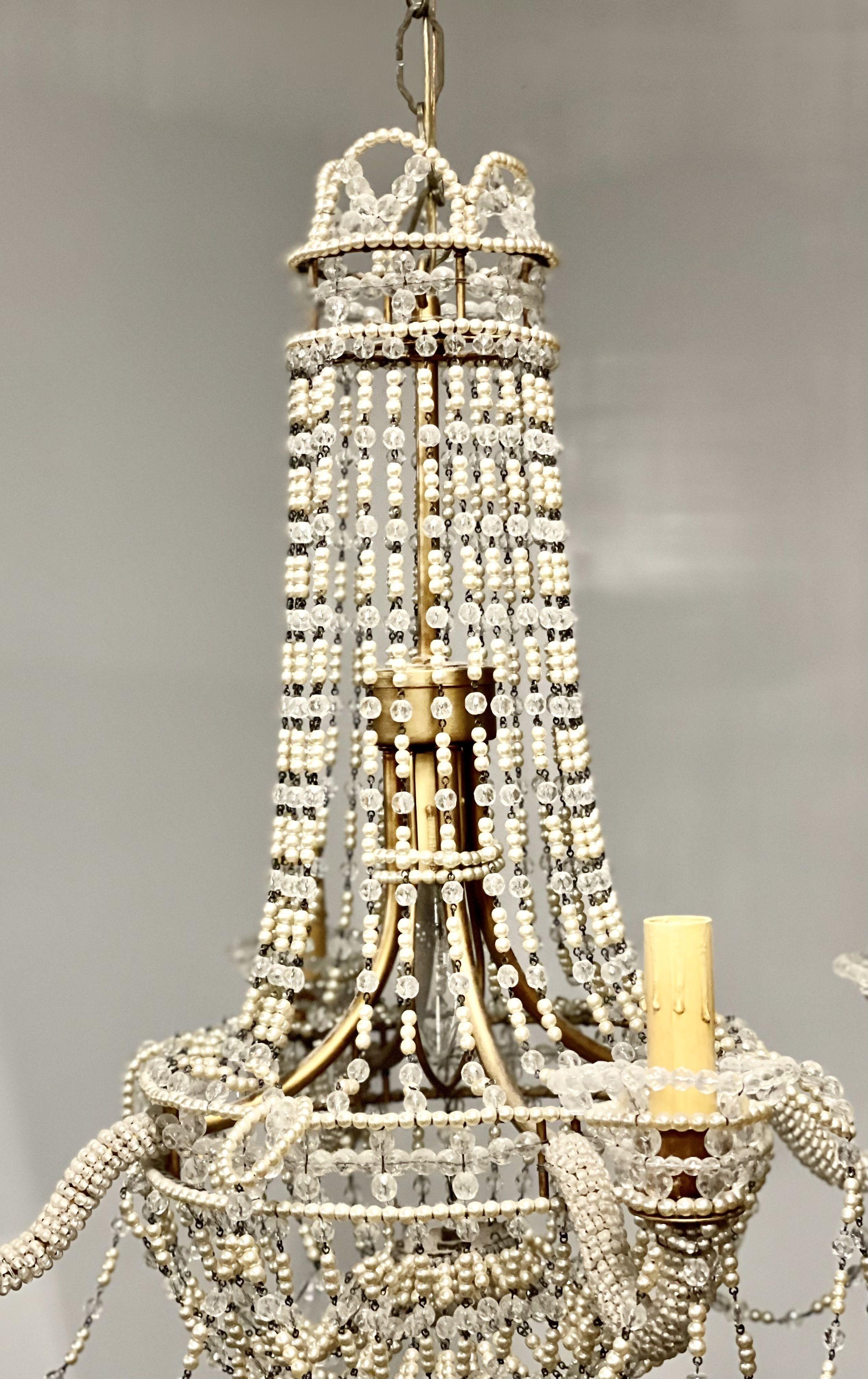 Pearlware Basket Weave French Crystal Pearl Beaded Chandelier For Sale
