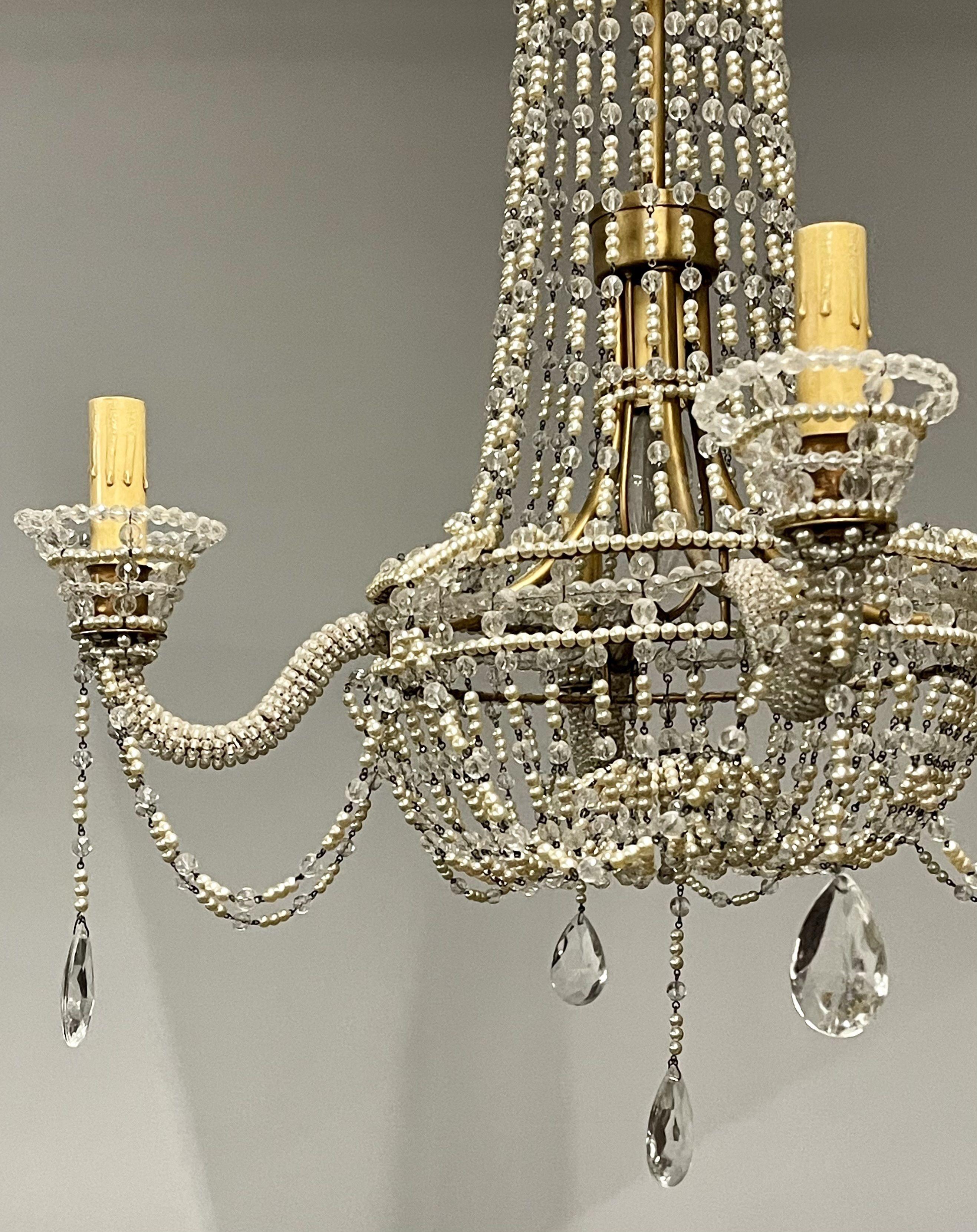 Basket Weave French Crystal Pearl Beaded Chandelier For Sale 3