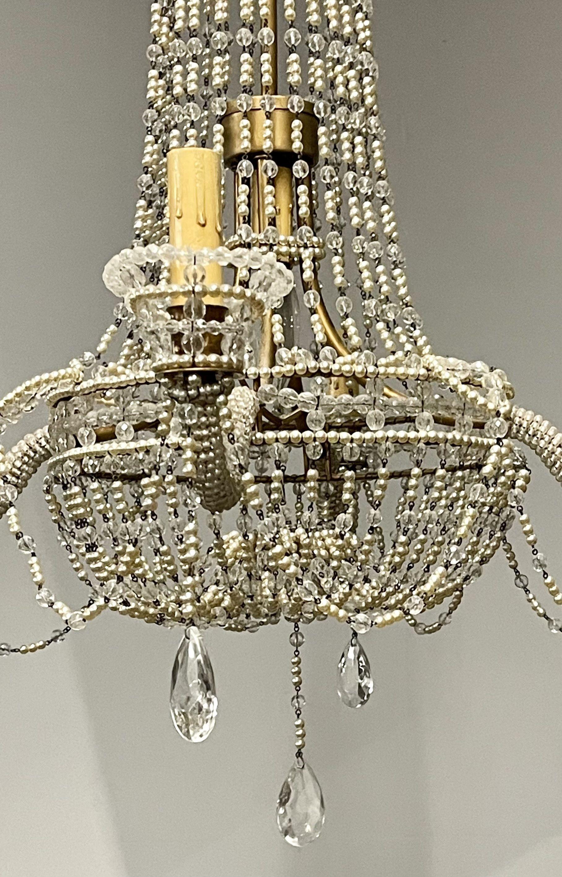 Basket Weave French Crystal Pearl Beaded Chandelier For Sale 4
