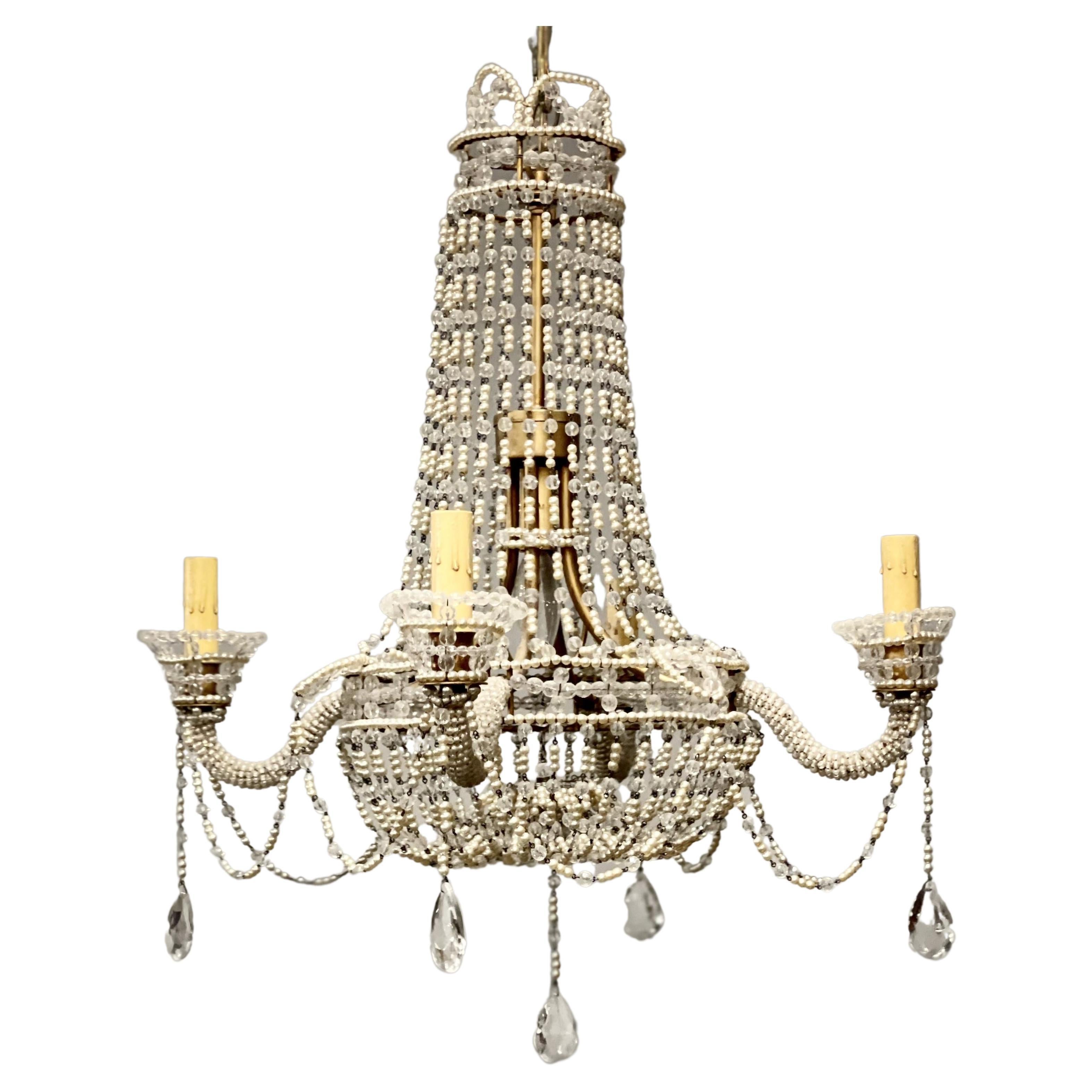 Basket Weave French Crystal Pearl Beaded Chandelier