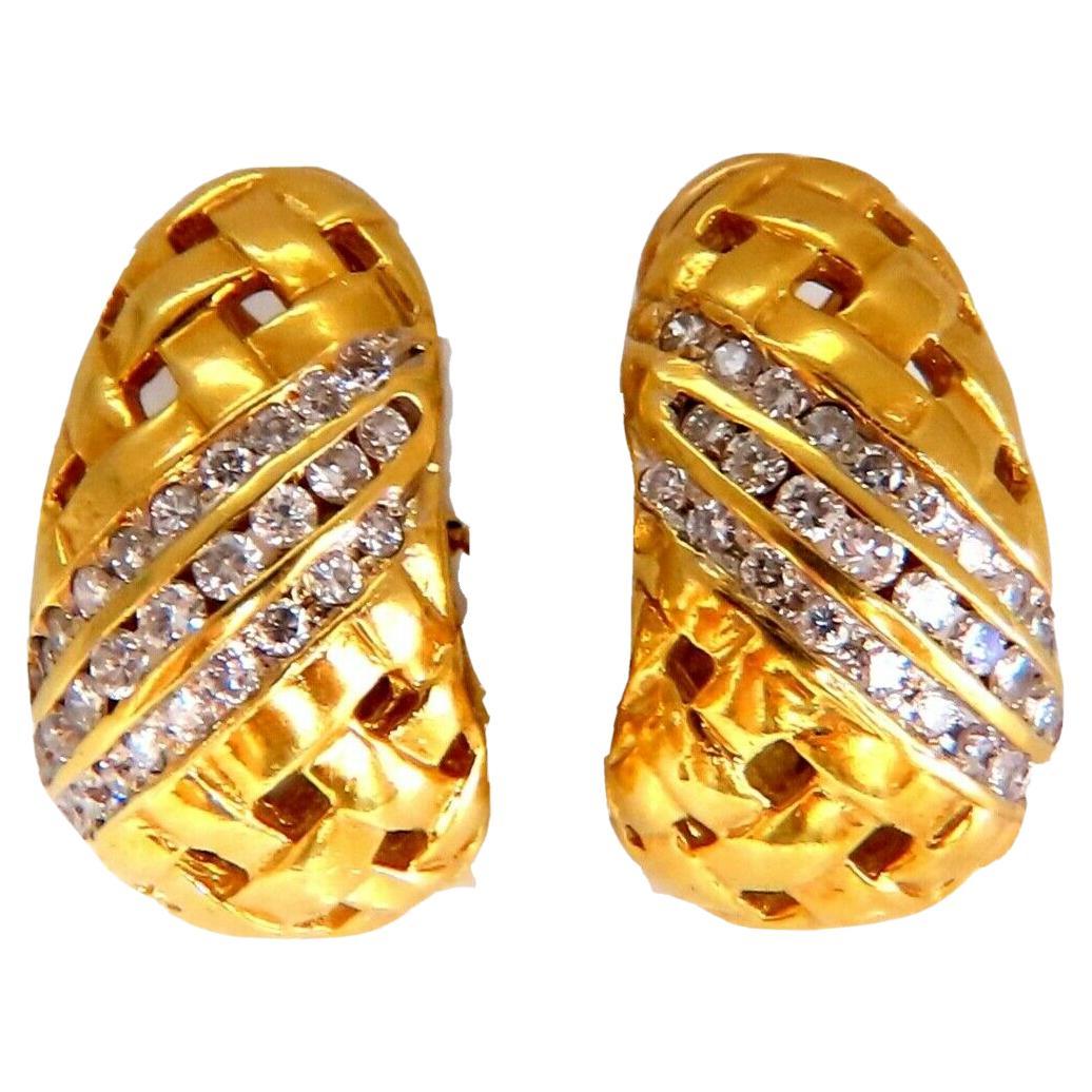 Basket Weave Natural 1.50ct Diamond Clip Earrings 18kt For Sale
