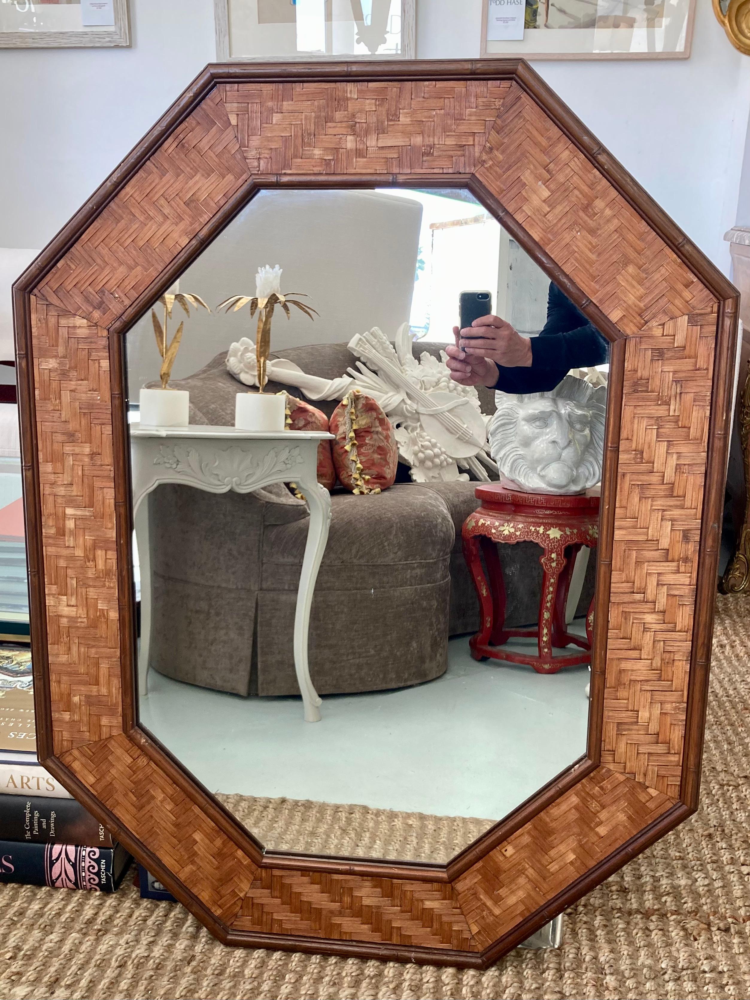 Beautiful basket weave rattan mirror with faux bamboo wood details. Great addition to your boho chic inspired home and interiors.
