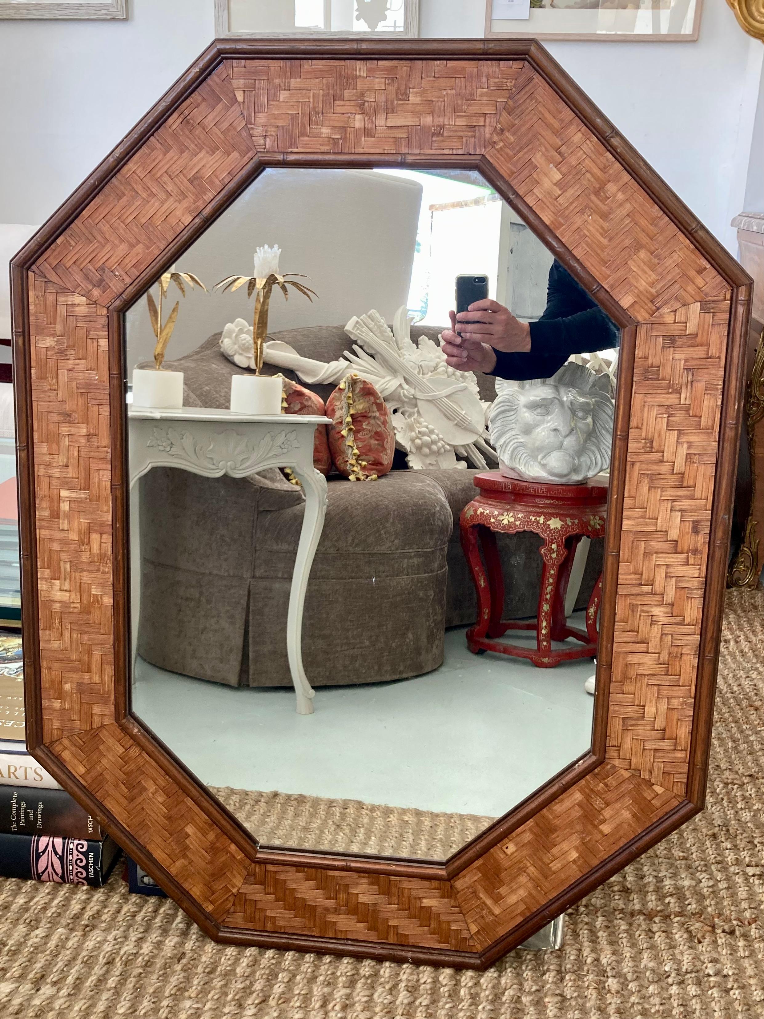 Modern Basket Weave Rattan Mirror For Sale