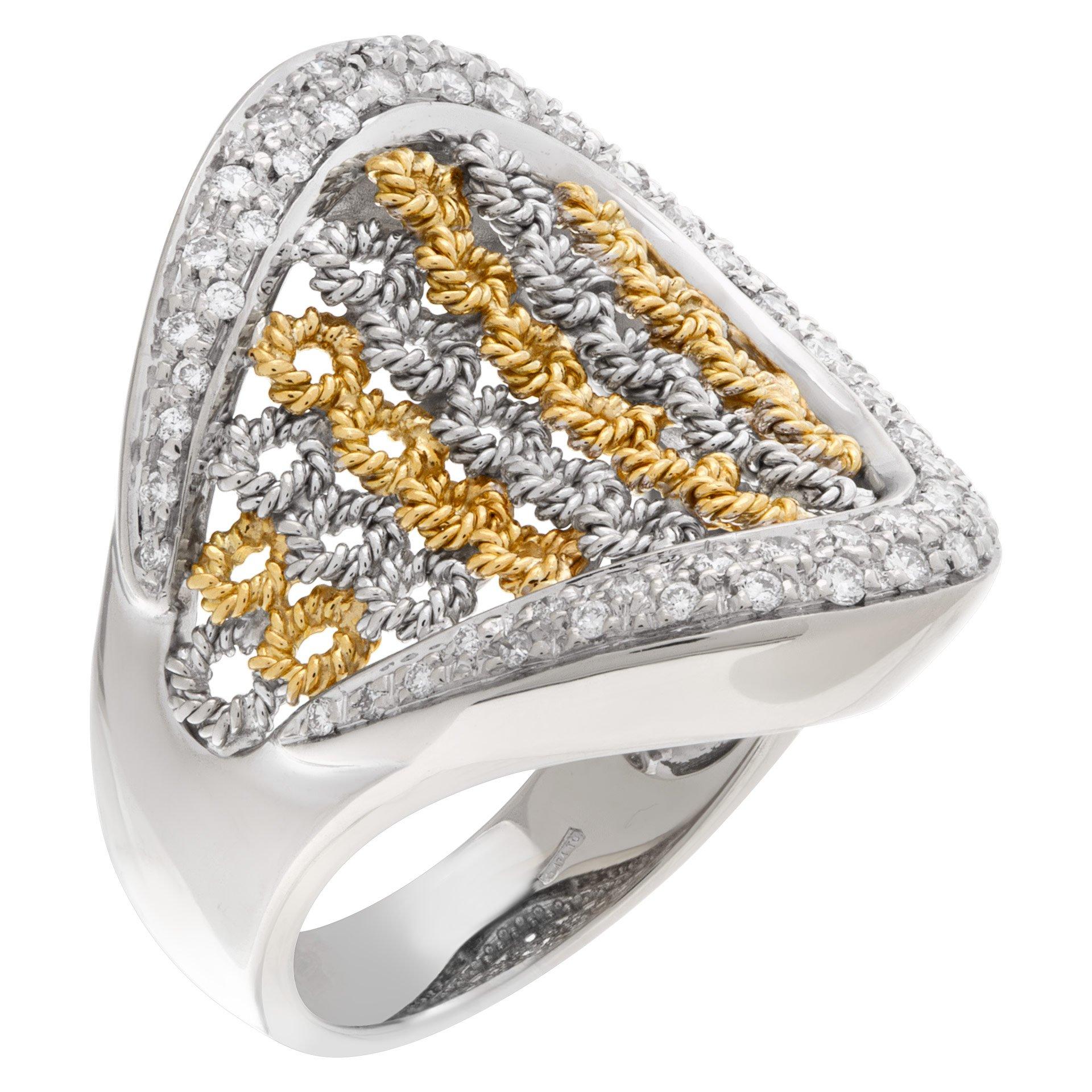 Basket weave with surrounding diamond pave approximately 0.50 carat G-H color, VS-SI clarity set in 18k white and yellow gold. Size 7.5 and 26.5 mm width.

This Diamond ring is currently size 7.5 and some items can be sized up or down, please ask!