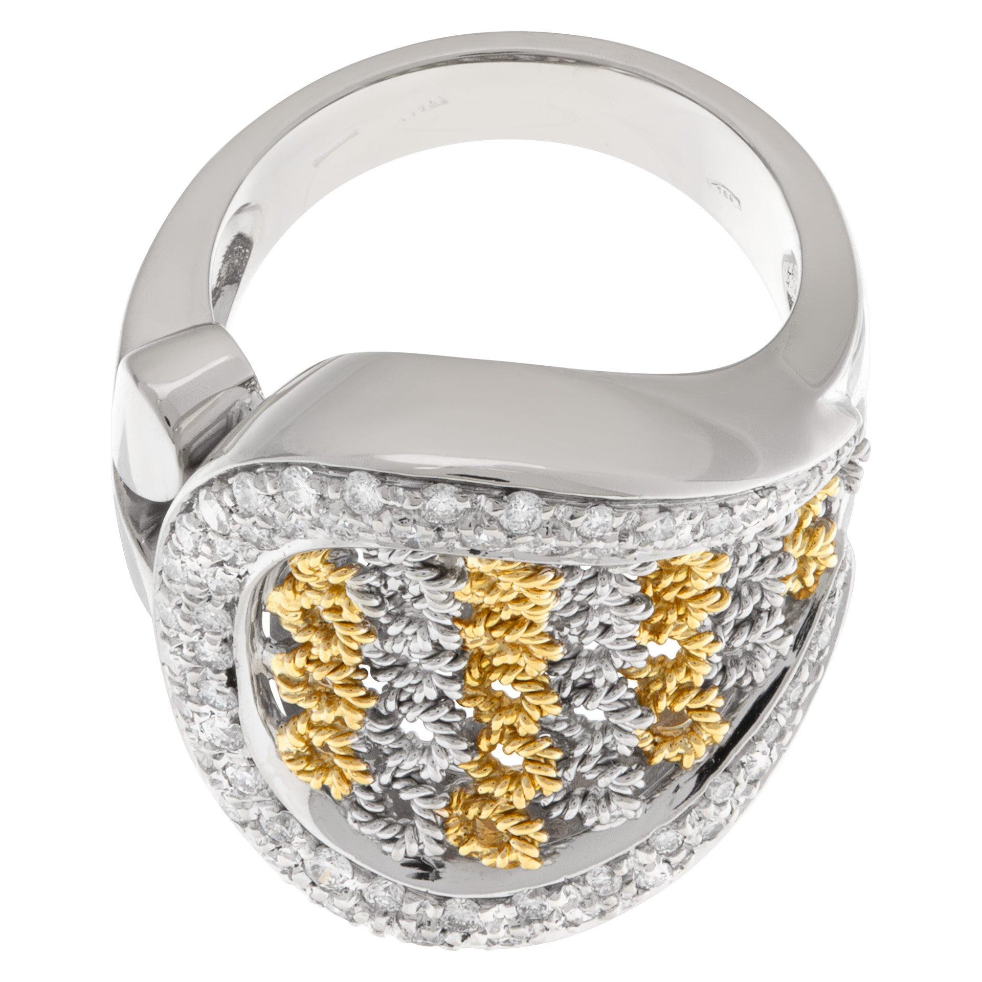 Basket Weave Ring with Surrounding Pave Diamonds in 18k White and Yellow Gold In Excellent Condition For Sale In Surfside, FL