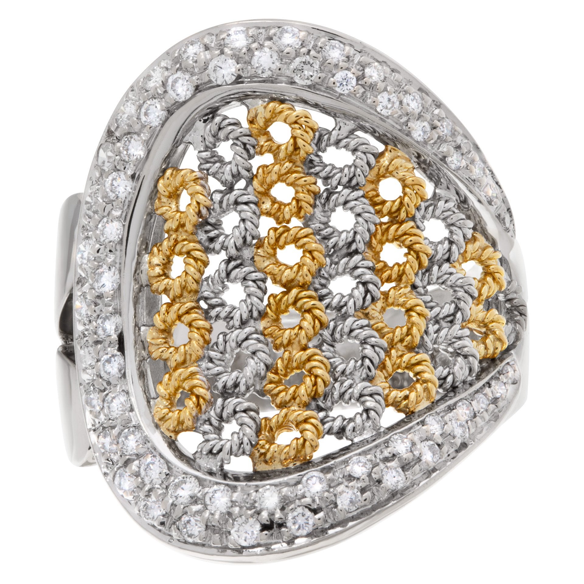 Basket Weave Ring with Surrounding Pave Diamonds in 18k White and Yellow Gold For Sale